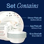 Ensembles de vaisselle en verre Corelle Vitrelle de 18 pièces, service pour 6, assiettes et bols en verre résistant aux éclats et aux fissures, Wildflower