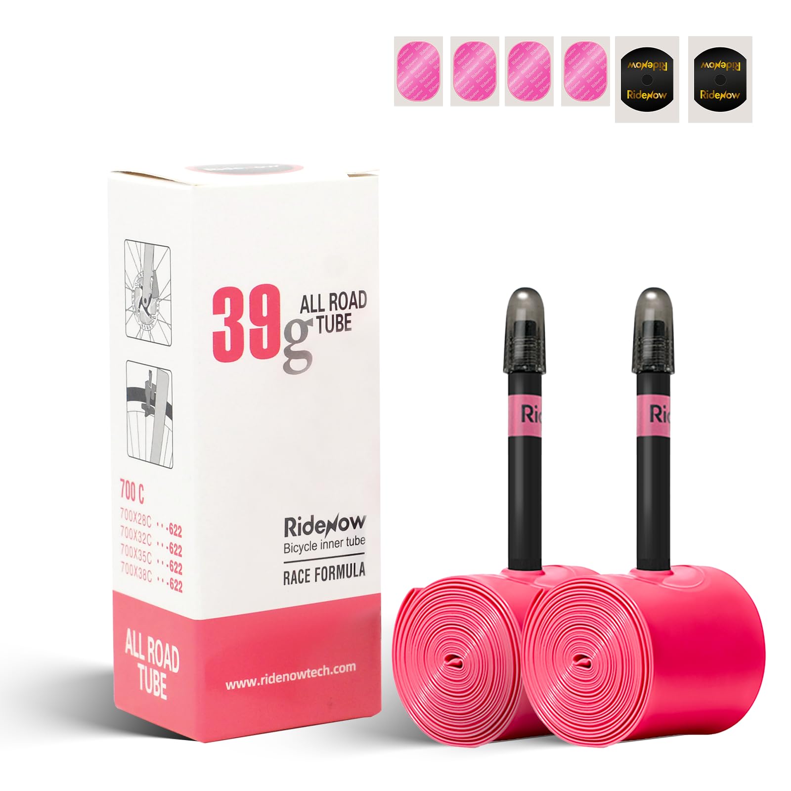 Ridenow 2-Pack Bike Inner Tube for 700/18C-28C, 700/18C-32C,700/28C-38C with 45/65/85 mm Metal &TPU Presta Valves for Road Bikes, Super Light Puncture