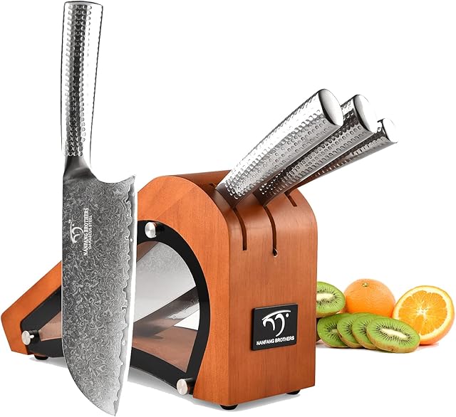 NANFANG BROTHERS Damascus Kitchen Knife Set VG10 Steel 67 Layers Superior, 10.00 cm to 20.00 cm Sharp Damascus Chef's Knife with Hammered Handles and Wood Block