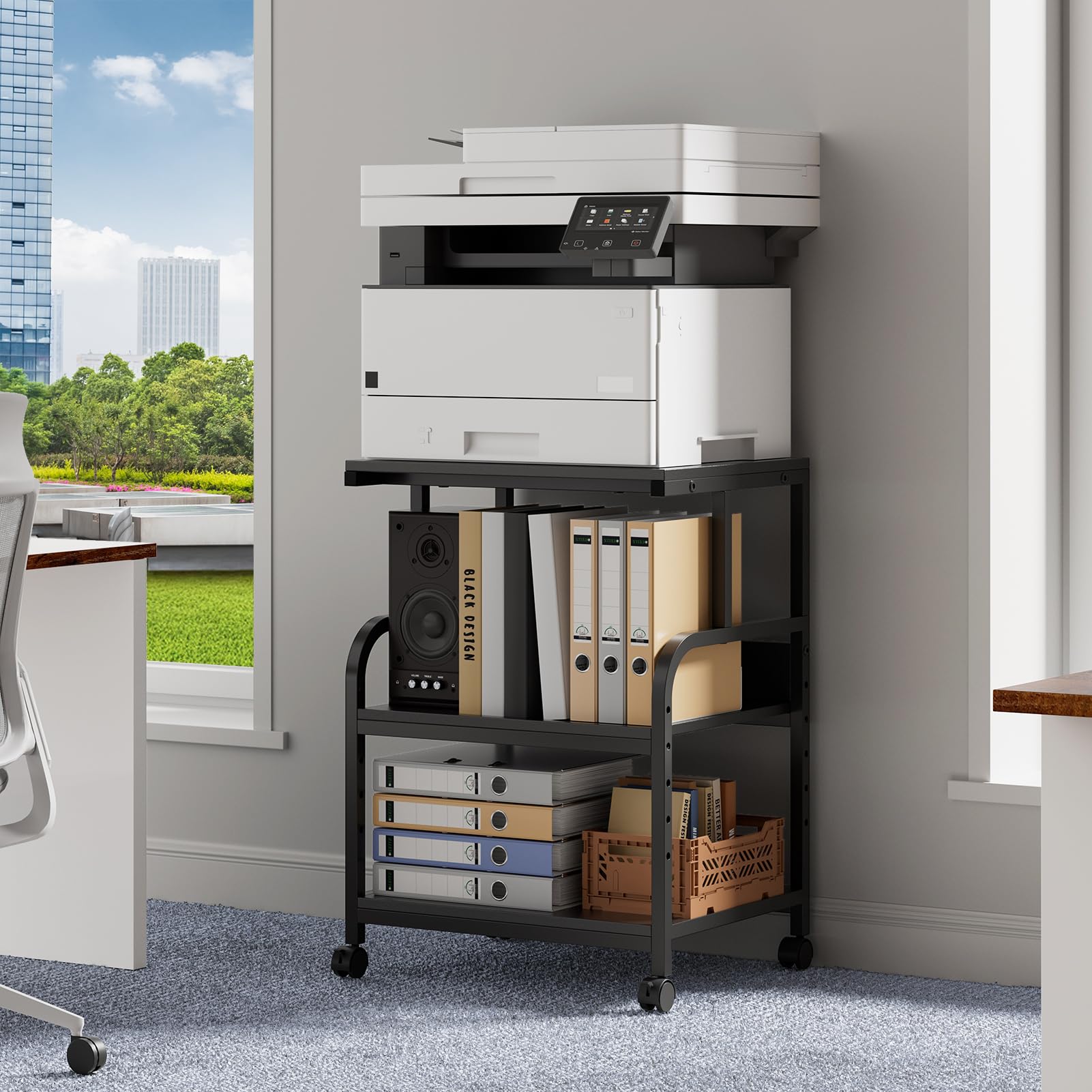 Warmiehomy Printer Stand with Adjustable Storage Shelf - 20x16 inches Large Printer Table with Wheels - 3 Tier Rolling Cart - Use for 3D Laser Printer Mini Fridge Home Office (Black)
