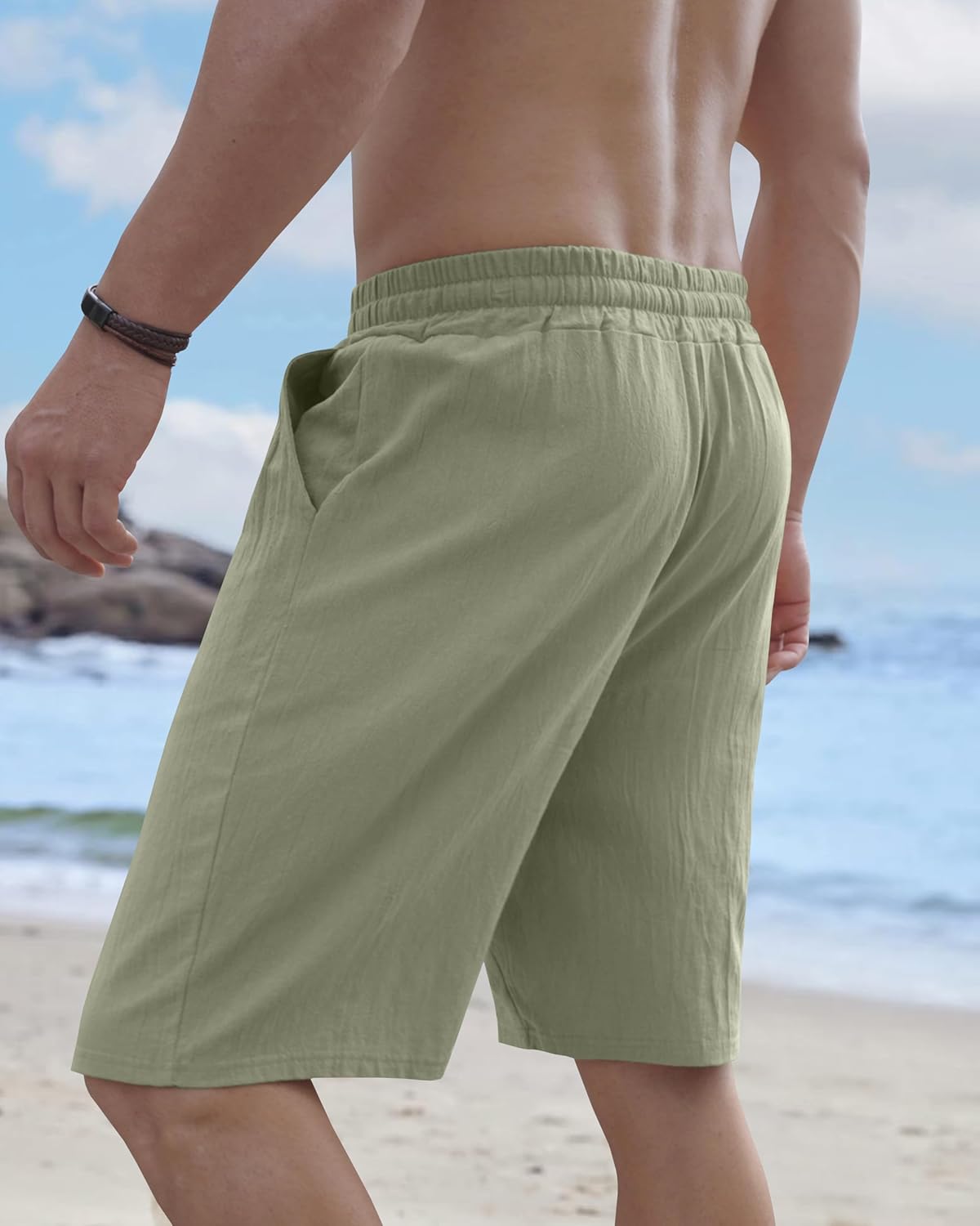 Mens Linen Shorts Casual Drawstring Elastic Waist Lightweight Breathable Summer Beach Shorts for Men - Image 3