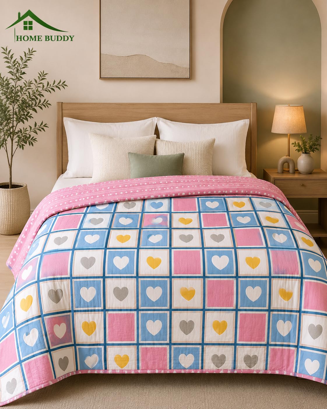 HOME BUDDY 100% Cotton Reversible Dohar Single Bed Size | AC Blanket Lightweight Summer Comforter | Soft Breathable Bed Blanket (140 x 230 cm) Sweet Heart Checks Print-image-48