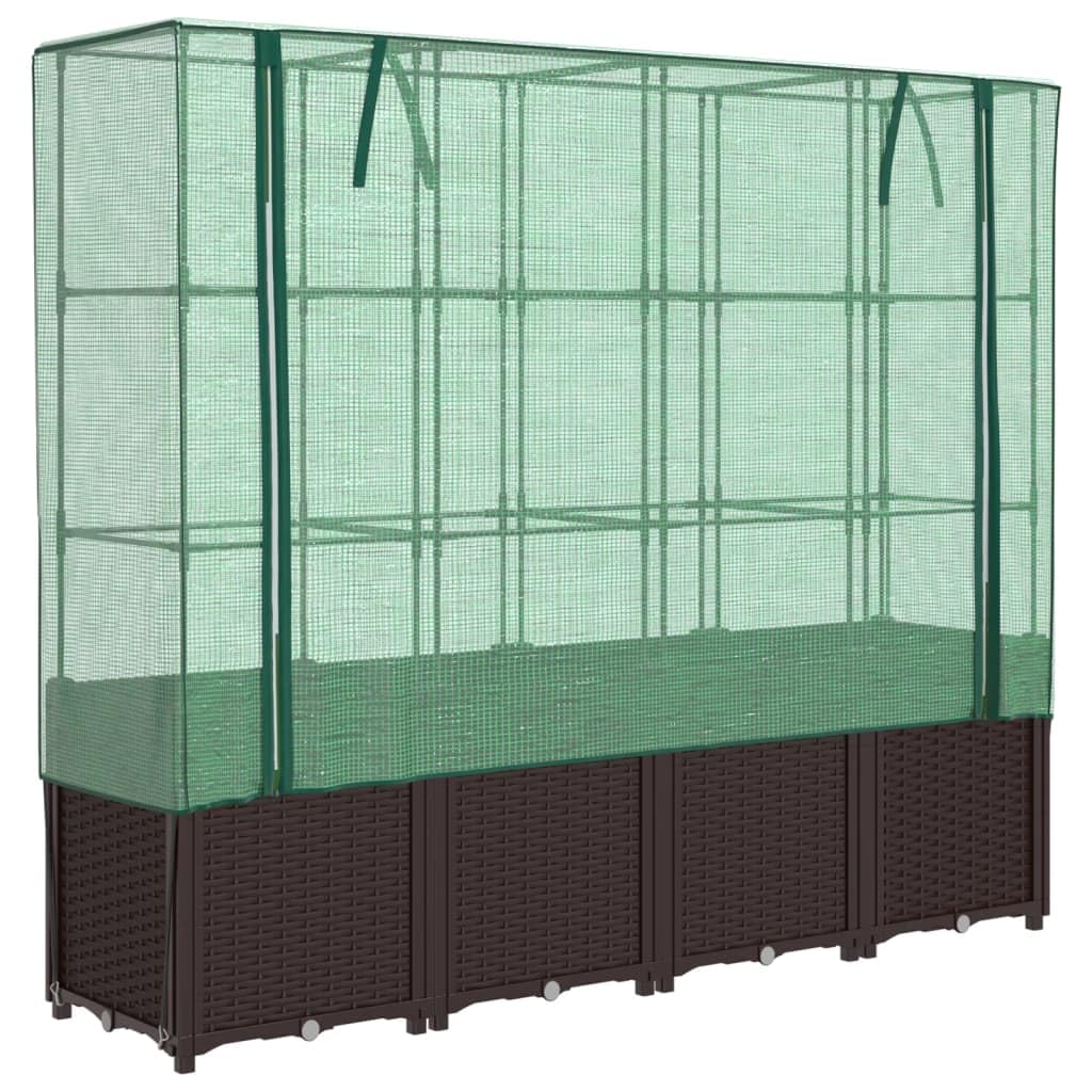 Jardinera con accesorio de invernadero en aspecto de ratán marrón, 160 x 40 x 153 cm, marco de tubo de hierro estable, cubierta de polietileno impermeable, ideal para jardín, balcón, jardinera y