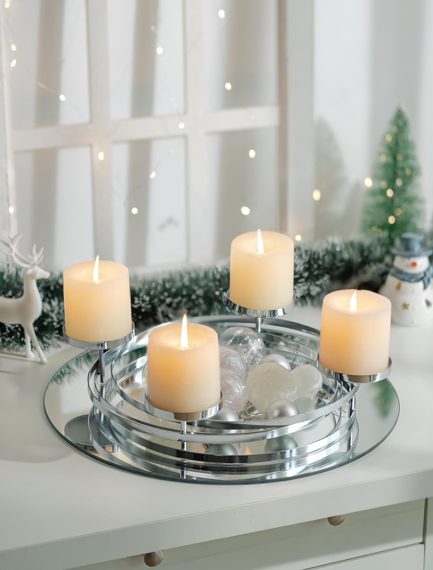 Romadedi Adventskranz Modern Rund Metall: Adventskranz Gestell Silber Ø 30cm für 4 Stumpenkerzen Ø 8 cm