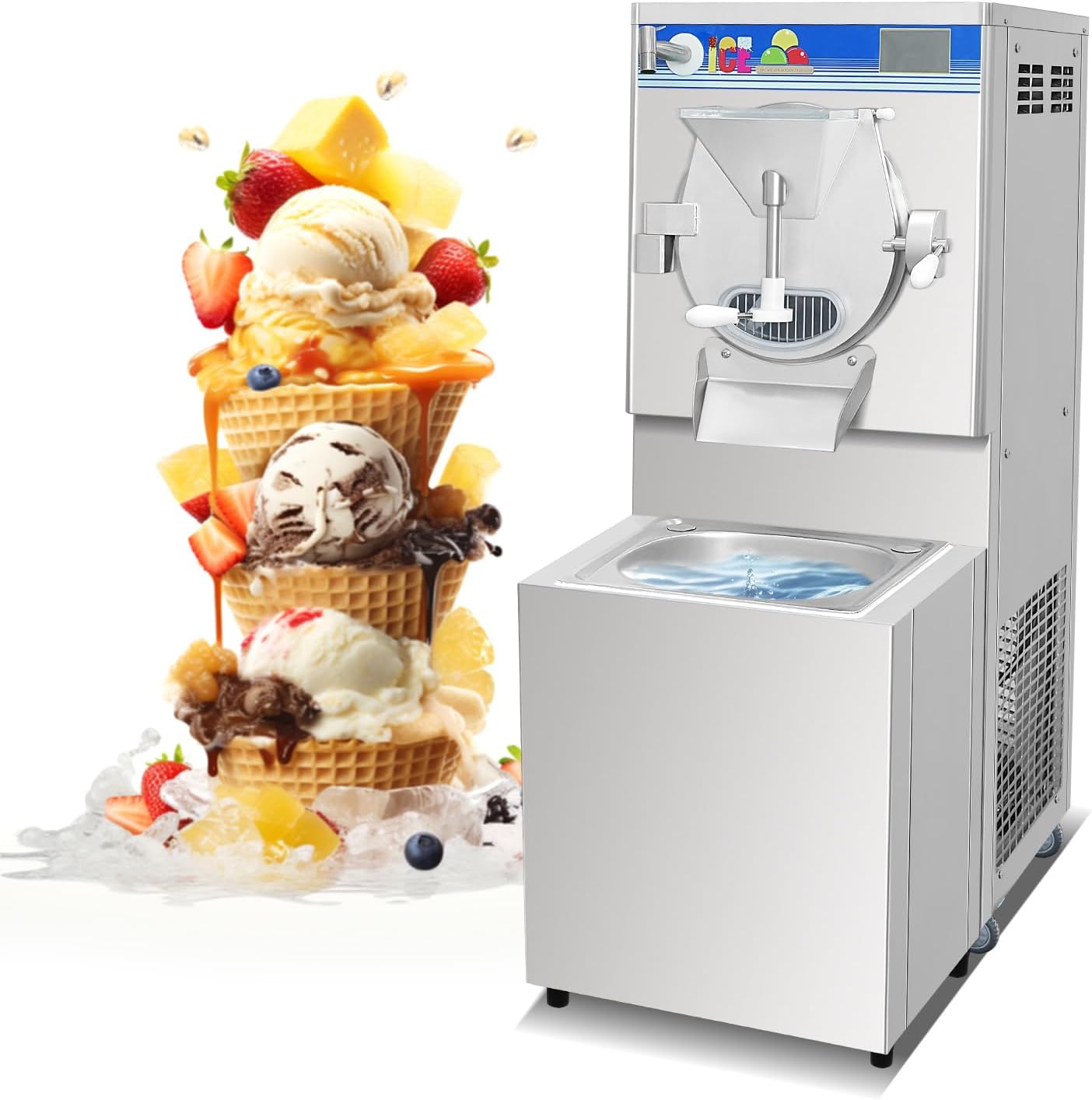 Commercial Hard Ice Cream Machine Water Cooling,1 Flavor Hard Serve Ice Cream Maker,Batch Freezer with Sprayer and Sink,Stainless Steel Cylinder,Touch Screen,Auto Wash,Fast Molding,Steady Output
