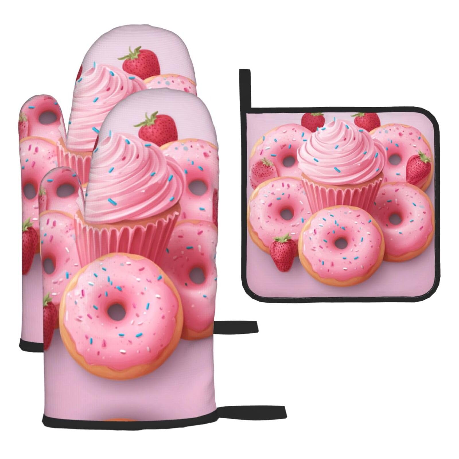 Oven Mitts and Pot Holders Set of 3 Heat Resistant Non-Slip Kitchen Gloves Hot Pads Pink Donut and Cupcake Mittens Gloves Non-Slip Potholders for Cooking Baking Grilling BBQ