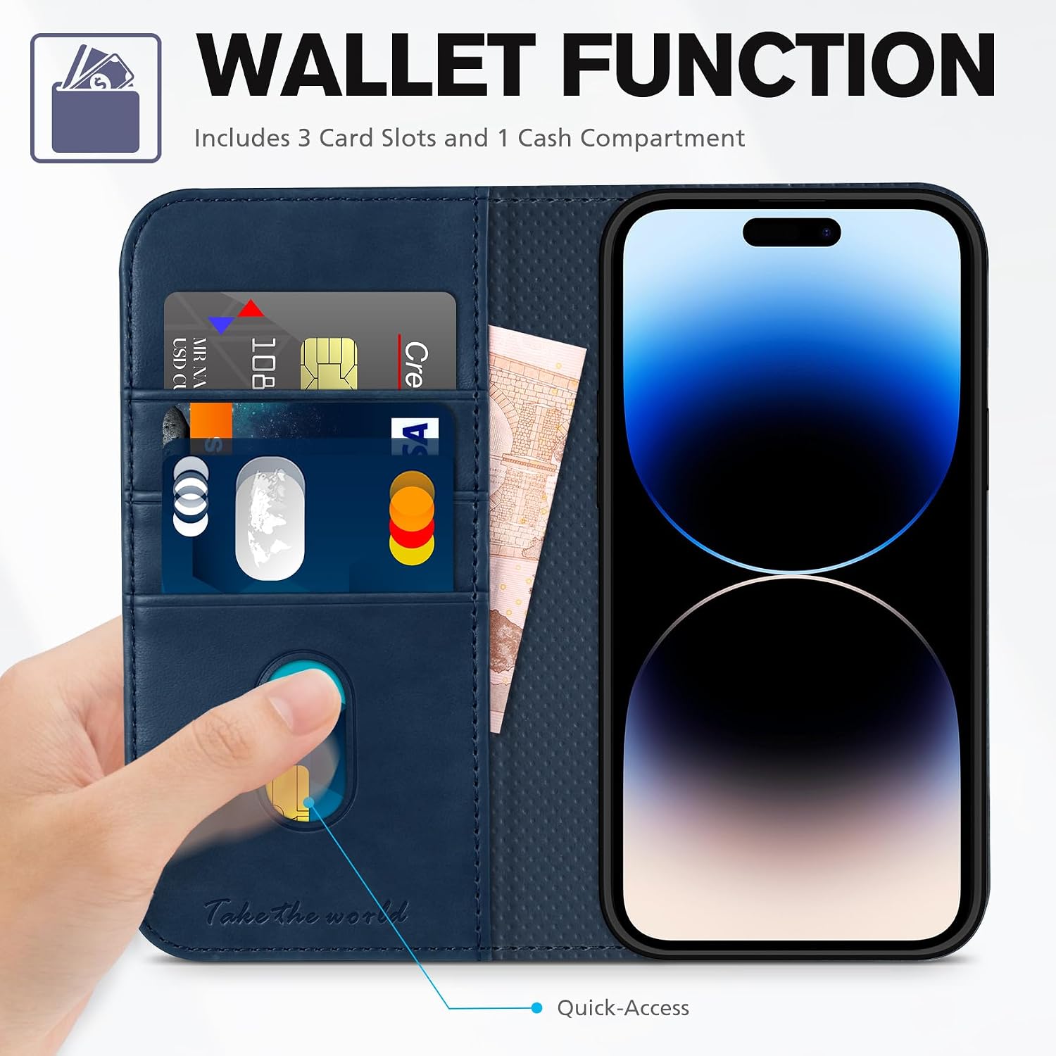 TUCCH Wallet Case for iPhone 14 Pro, PU Leather Folio with RFID Blocking, 3 Card Slot, Kickstand Book Design, Compatible with iPhone 14 Pro 6.1-inch, Gold & Blue