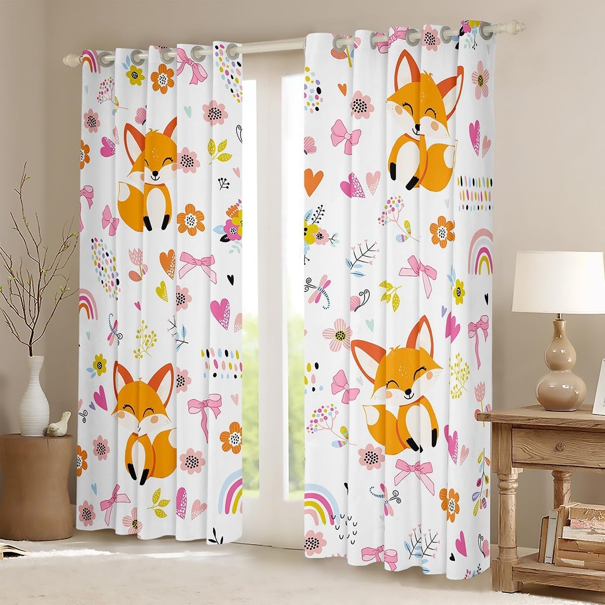 Cute Fox Kids Blackout Curtains,Rainbow Love Heart Pink Bow Bowknot Princess Window Drapes for Girls Women,Daisy Flowers Leaves Dragonfly Chic Window Treatments Grommet Top 2 Panel Set,42Wx84L inch