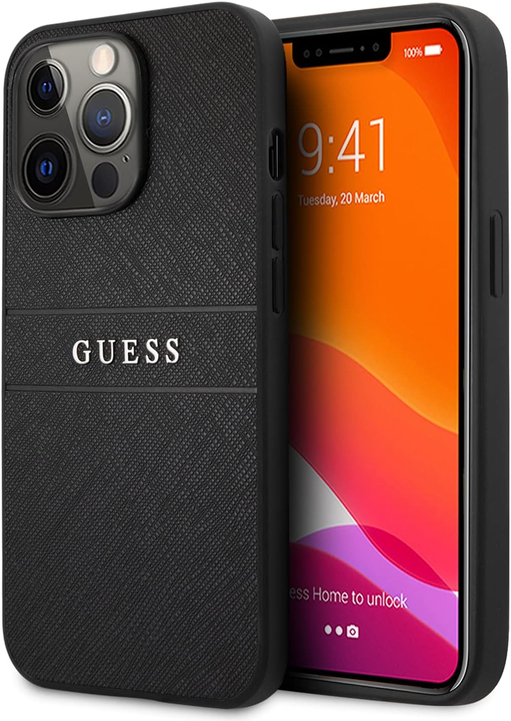 CG MOBILE Guess PU Leather Case Saffiano w/Metal Logo Hot Stamp Stripes Compatible for iPhone 13 Pro Max (6.7") Shockproof Protective Case, Bumper Protection, Anti-Scratch Officially Licensed (Black)