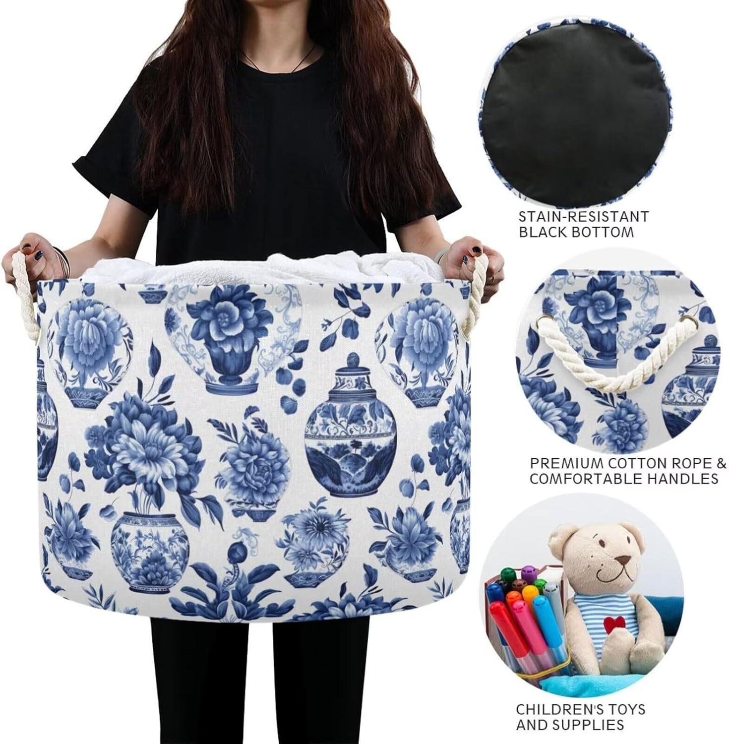 Blue White Floral Print Round Storage Basket Chinoiserie Vase Flower Large Laundry Hamper 20 x 20 x 14 Inches Organizer Bin with Handles Clothes Storage Bag for Nursery Bedroom Living Room Decor