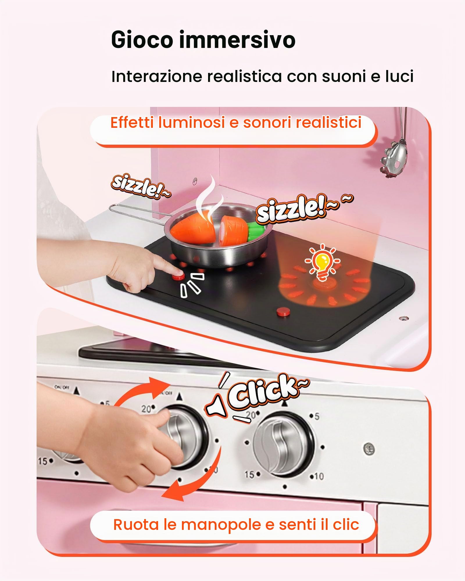 VEVOR Cucina Giocattolo per Bambini in Legno, Set da Cucina Giocattolo con Luci e Suoni Realistici, Cibo e Pentole, Microonde e Forno con Manopole, Gioco di Ruolo, per Bambini da 3 a 8 Anni, Rosa