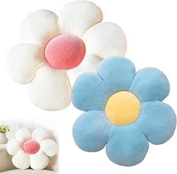 Flower Pillow, 2 Pcs Daisy Cushion, 38x38cm Flower Floor Cushion Pillow, Daisy Window Seat Throw Pillow, Cushions for Room Decor, Daisy Seat Pads for Car Home Sofa Chair and FloorWhite, Blue