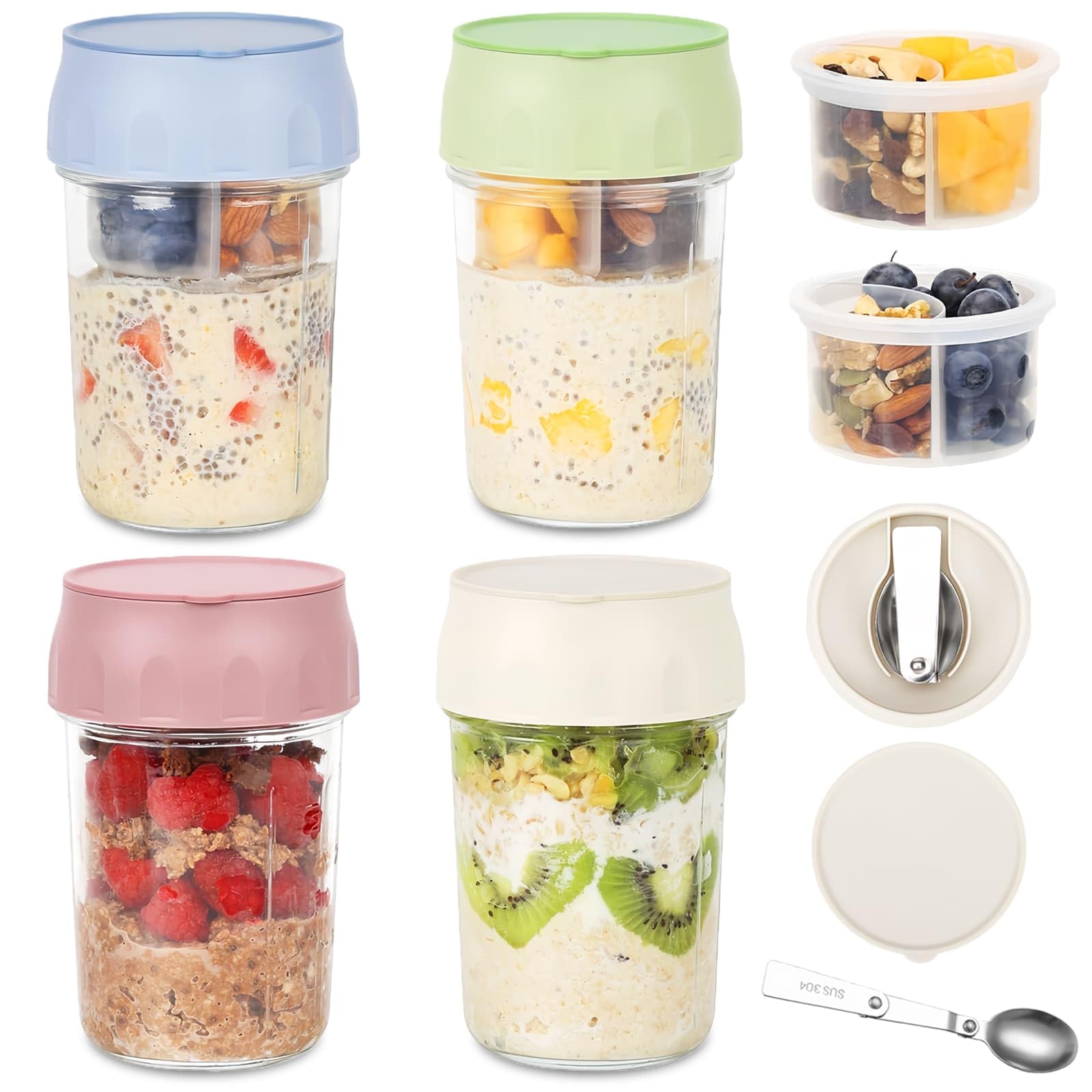 4 Pack Overnight Oats Jar Containers with Lids Spoons and Compartment