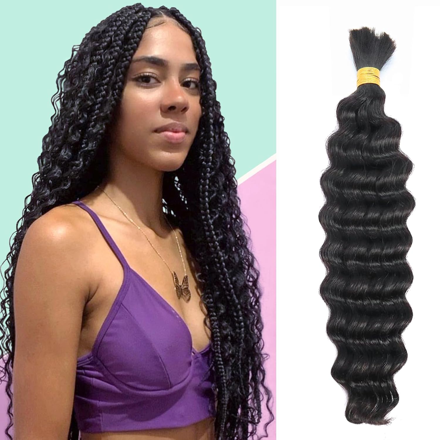 IXIMII Human Braiding Hair 18 inch 3.5oz(100g) 100% Human Hair Deep Wave Bulk No Weft Natural Black Color Curly Hair Extensions for Boho Braids