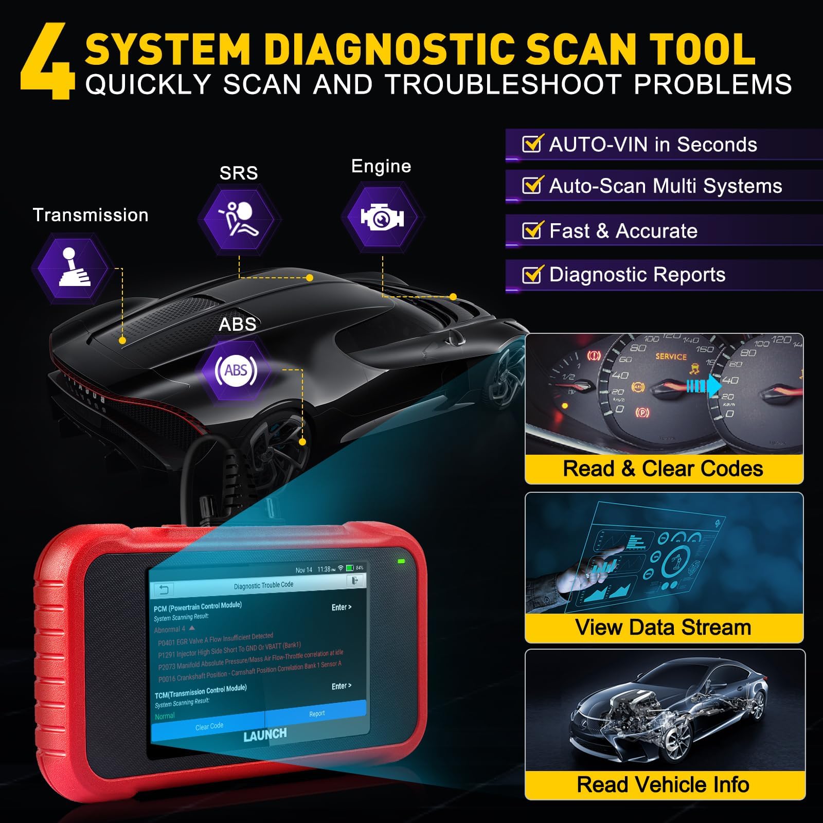Launch Valise Diagnostic Auto Launch CRP123E V3.0 Diagnostic Voiture 4 Système Moteur ABS SRS at Diagnostic Voiture 7 Réinitialisations Huile EPB SAS BMS accélérateur DPF Réinitialisation Purge ABS