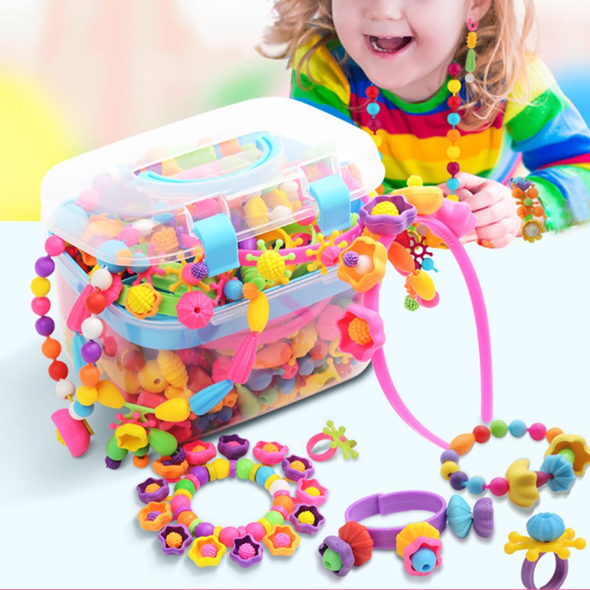 HOOTNEE Kit de Cuentas de Plástico DIY para Niñas, 1 Caja, Tamaños y Formas Variadas, Manualidades y Adornos, Mejora Creatividad