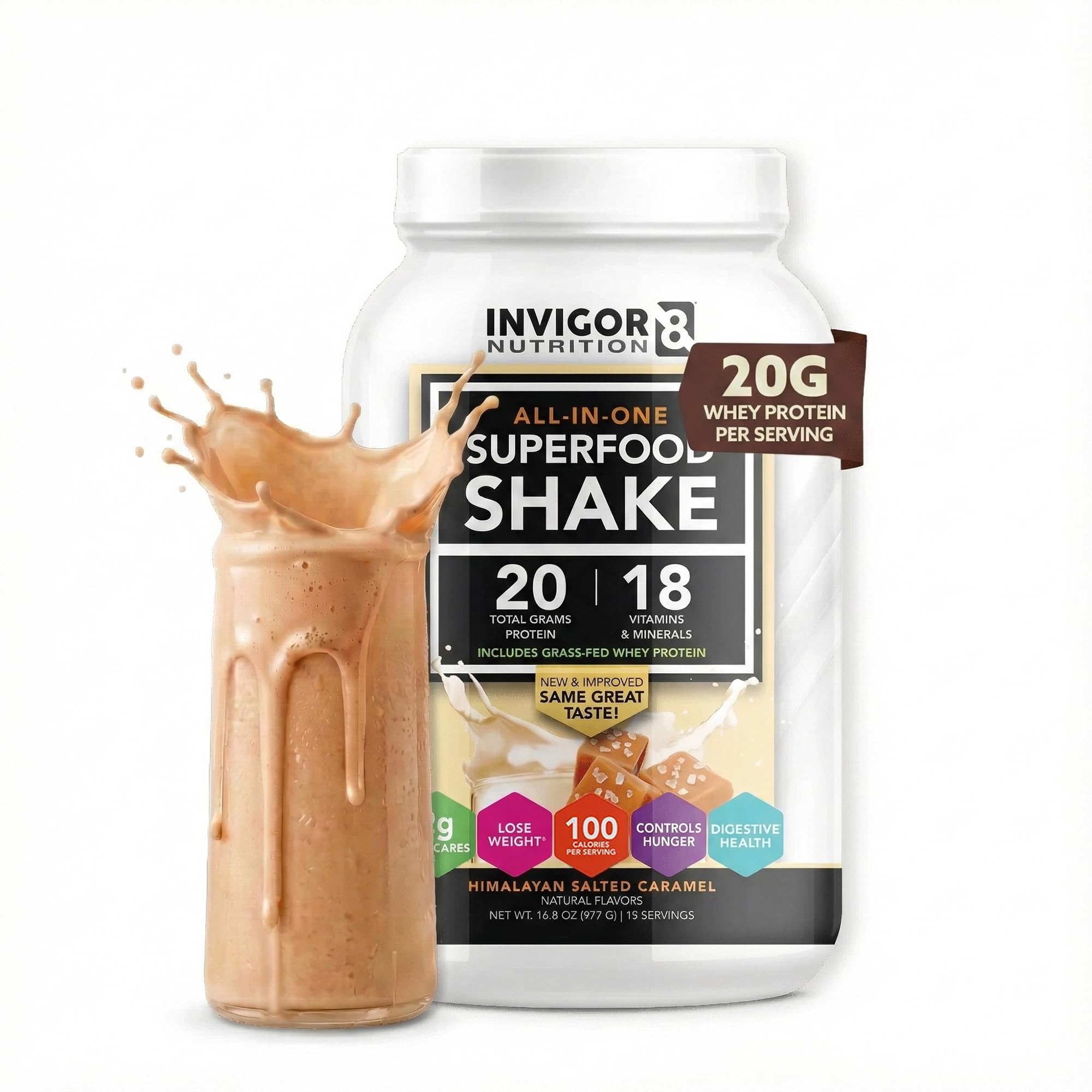 INVIGOR8 Superfood Shake (Himalayan Salted Caramel) - Gluten-Free and Non GMO Meal Replacement Grass-Fed Whey Protein Shake with Probiotics and Omega 3 (645g)