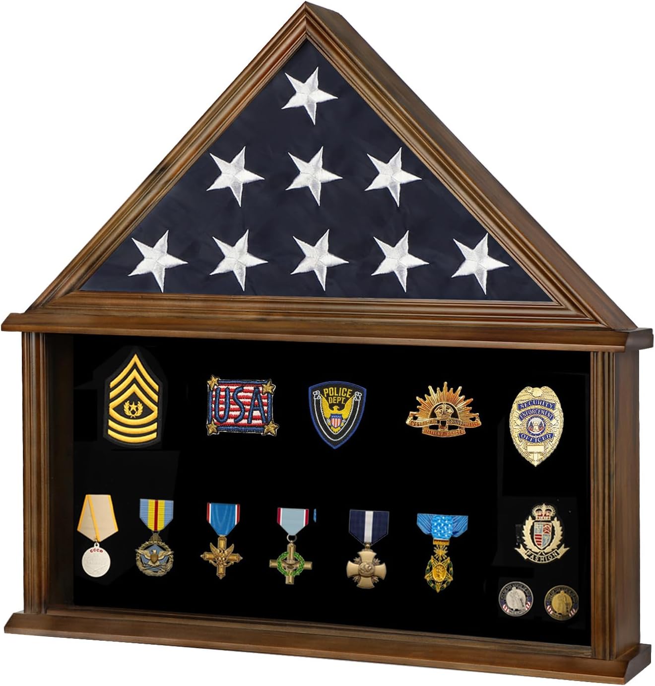Large Military Burial Flag Display Case for American Folded Veteran 5'x9.5' Burial Flag and Military Medals - Solid Wood Shadow Box Gift with Real Glass Certificate Holder -Walnut