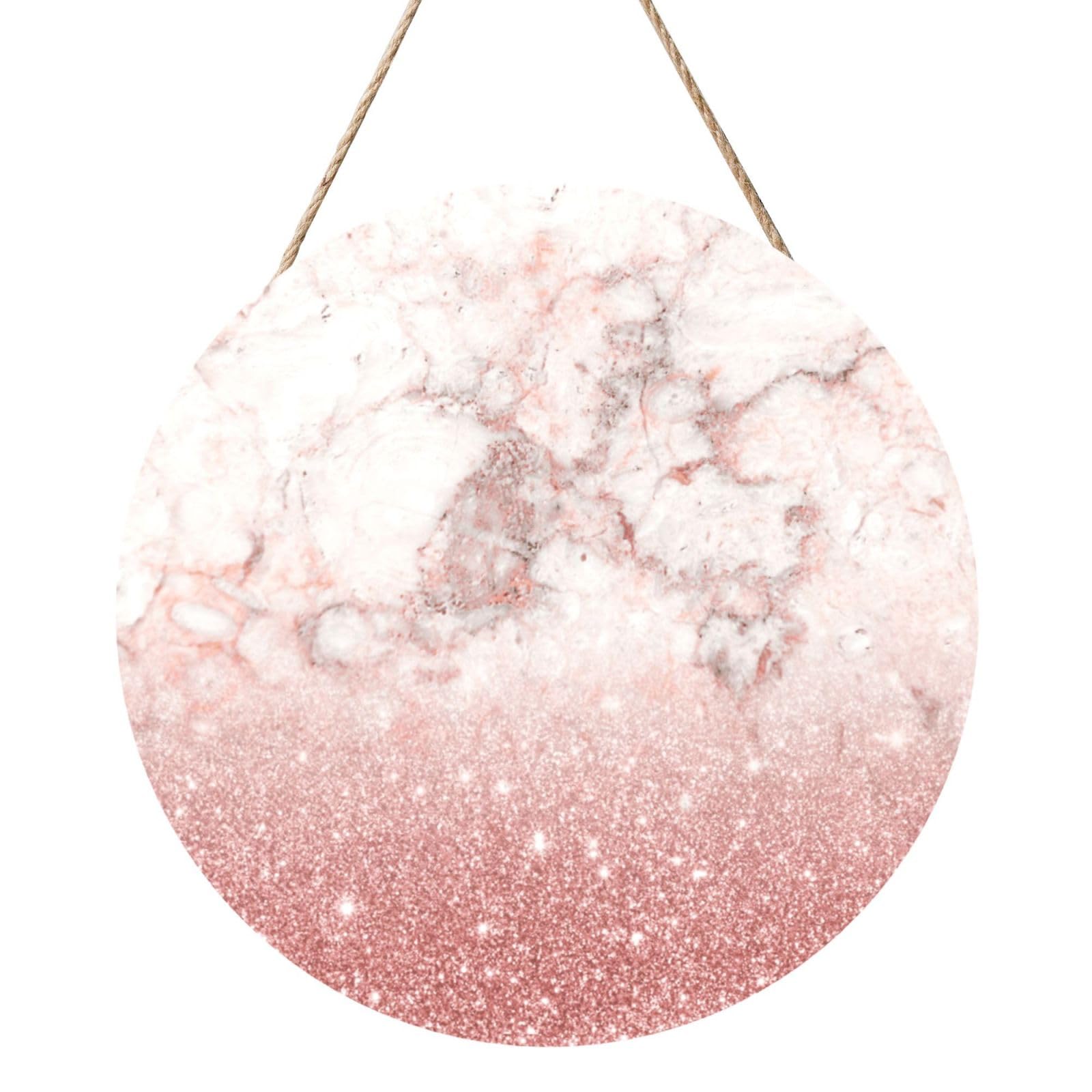 InOmak Faux Pink Rose Gold Glitter White Marble Ombre, Round Wood Panel Painting 12 in, Wall Hanging Painting For Home