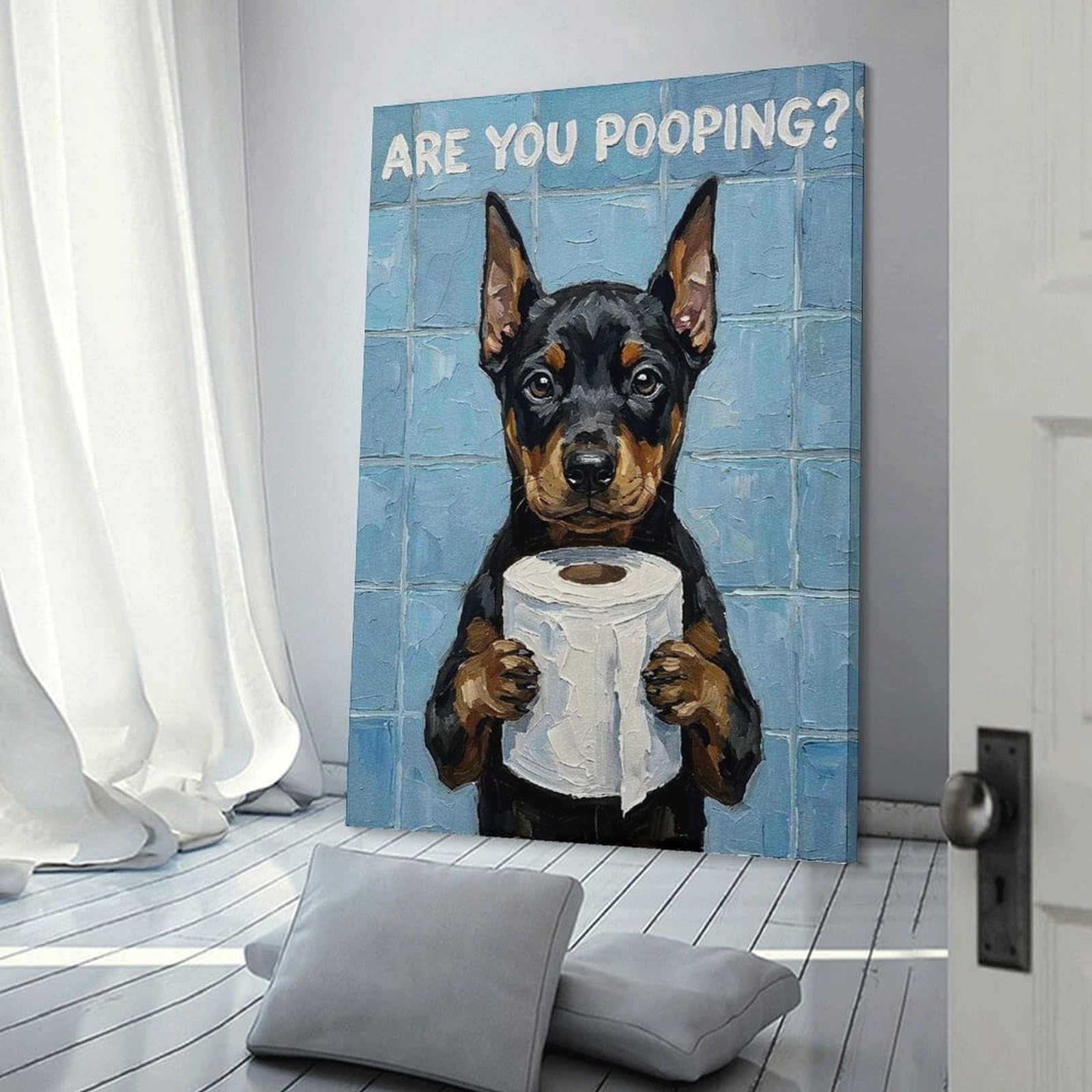 Junmoney Frame-Style-7 Dog With Toilet Paper Painting Home Decor Wall Art 12X18inch(30X45cm), For Hallway, Bedroom Or Modern Interiors, Canvas Artwork With Gifting Potential
