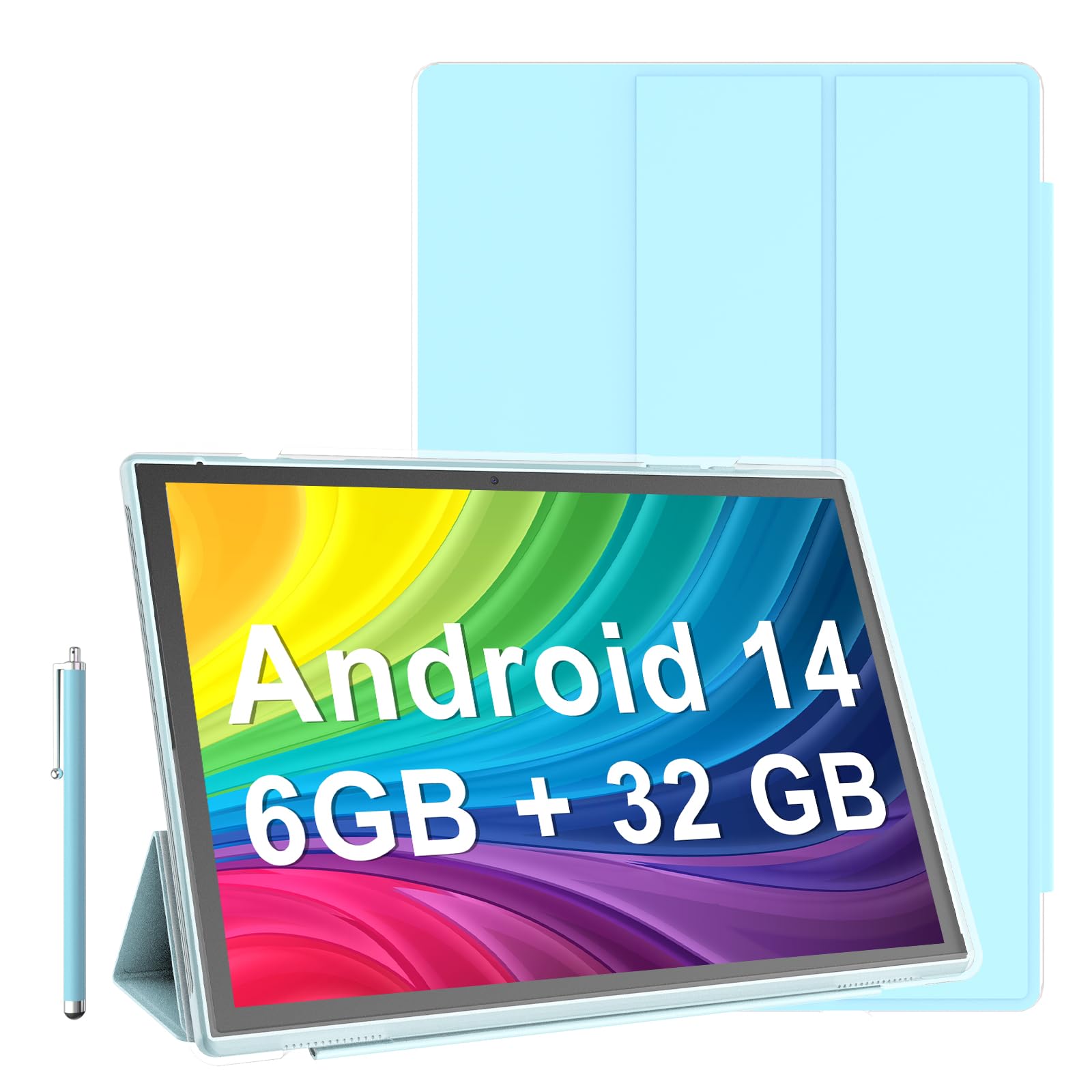 Tableta de 10 pulgadas, tabletas Android 14 con estuche, lápiz óptico, 6 GB de RAM + 32 GB de ROM, 1024 GB de expansión, batería de 6000 mah, tableta Android de 10 pulgadas, cámara dual de 2MP + 8MP, WiFi-6, Bluetooth 10.1 '' IPS HD Pestaña de pantalla táctil.