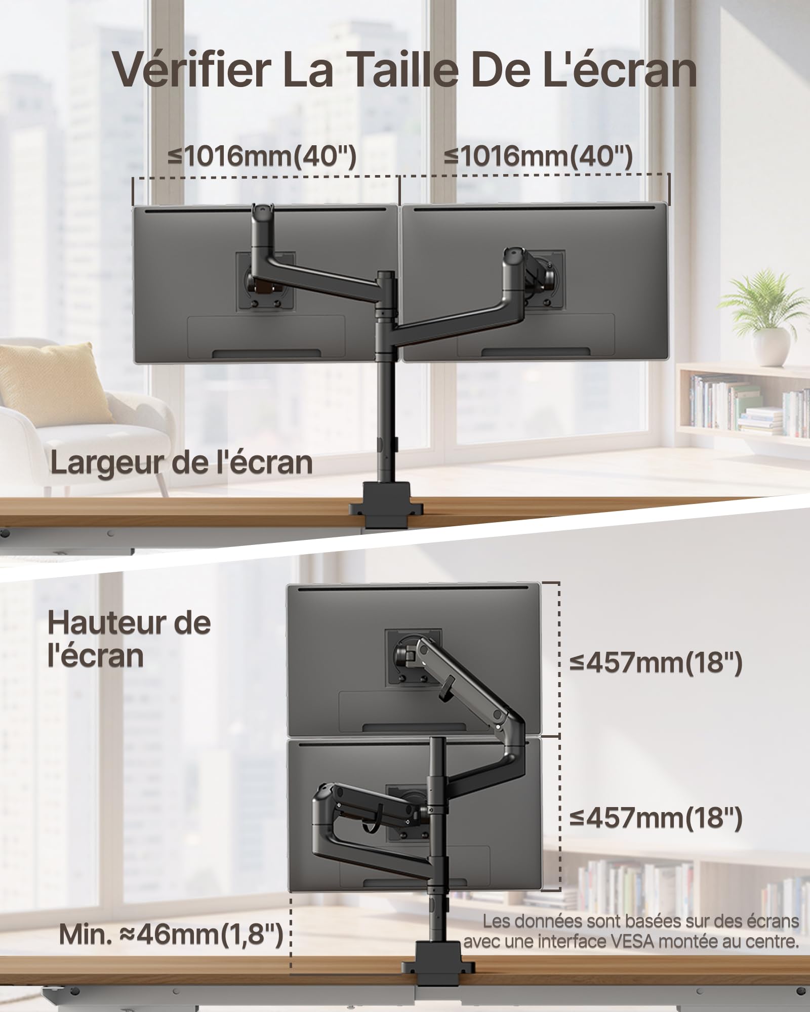 monTEK Bras Double Ecran PC17 à 57",VESA75/100,Charge Max 27Kg par Ecran