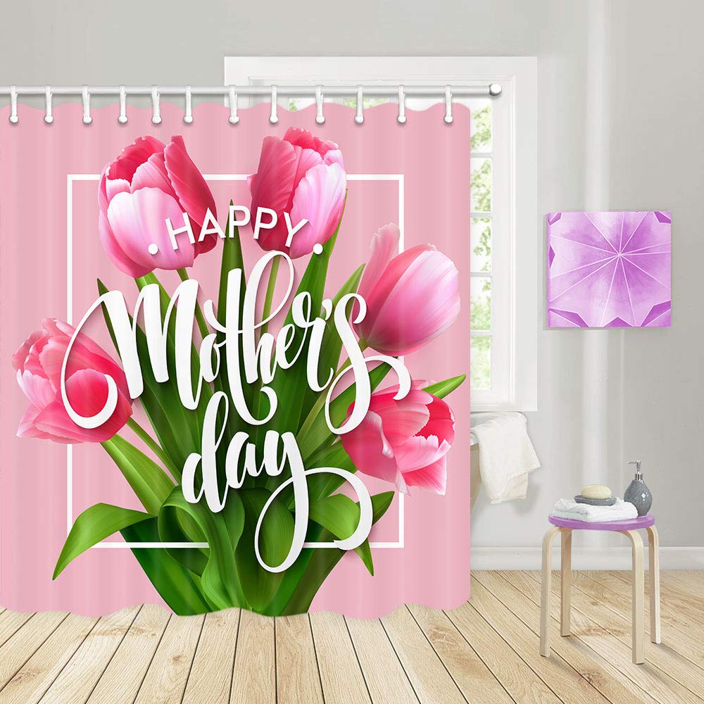JAWO Mother's Day Shower Curtains for Bathroom, Bunch of Tulip Love Flowers Post Card Poster Design Festival Celebration Bathroom Accessories, Non Fabric No Shower Curtain Liner Needed, 69X70 Inches