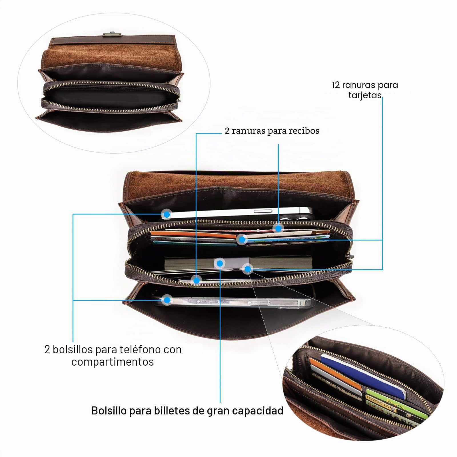 Contacts Bolso de Mano de Cuero Genuino con Tarjetero para Hombre, Cartera de Gran Capacidad con Cerradura de combinación antirrobo café