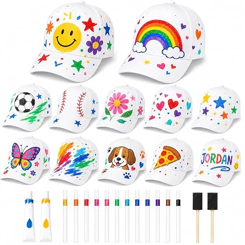 Cinrobiye 12 Pack DIY Baseball Cap Craft Kit, White Adjustable