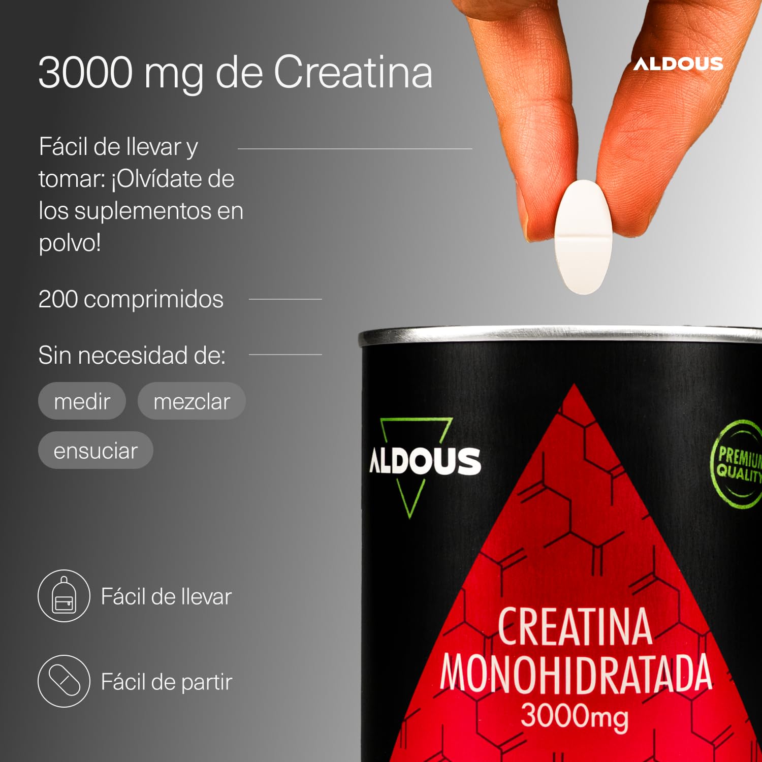 Creatina Monohidratada 3000mg - 200 comprimidos Fáciles de Partir - Recuperador Muscular, Energía, Entrenamiento - Creatina monohidrato - Suplemento Deportivo Potenciador - ALDOUS