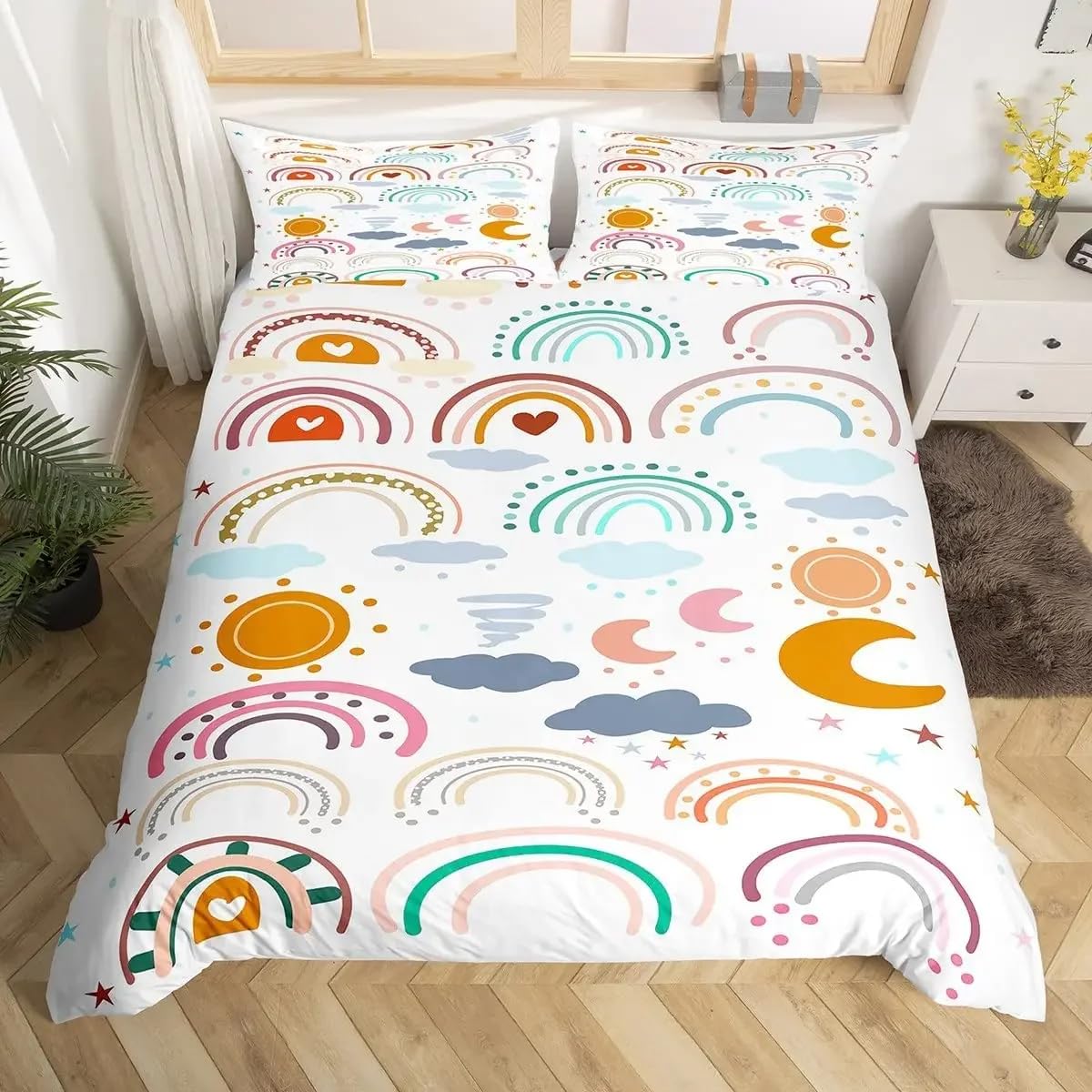 Housse de couette motif dessin animé kawaii avec nuages et étoiles pour lit 1 place