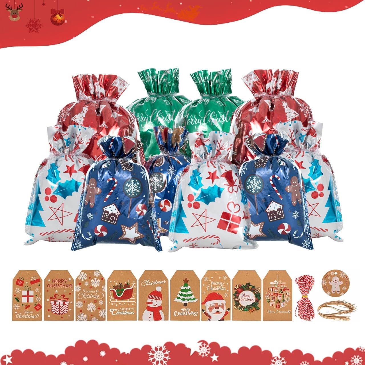 OOOPEL Small Christmas Gift Bags with Drawstring Medium