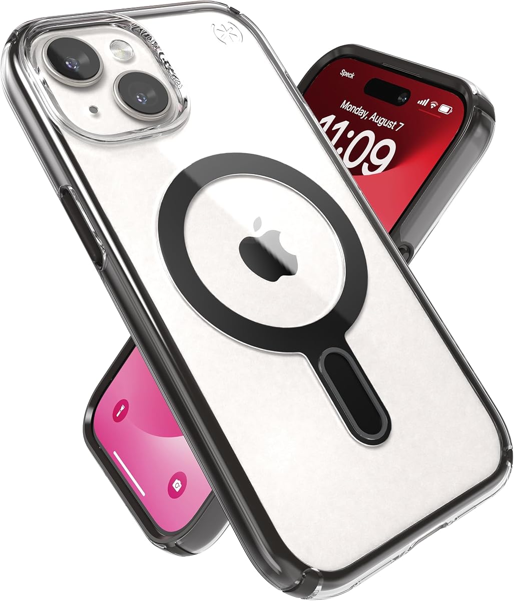 Estuche Speck Clear para iPhone 17e, 15 - Enclavamiento antideslizante ClickLock, diseñado para MagSafe, protección contra caídas - para iPhone 15, 14 y 13 - Estuche antiamarilleo para teléfono de 6.1 pulgadas - Presidio Clear/Negro esmerilado