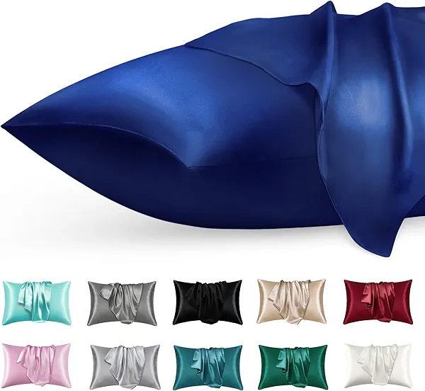 phyrec Satin Silk Pillowcase for Skin and Hair, 2 Pack - Envelope Closure - Bedding King Pillow Cases(20" x 40"), Soft Breathable Smooth Cooling Silk Pillow Covers for Sleeping, Navy
