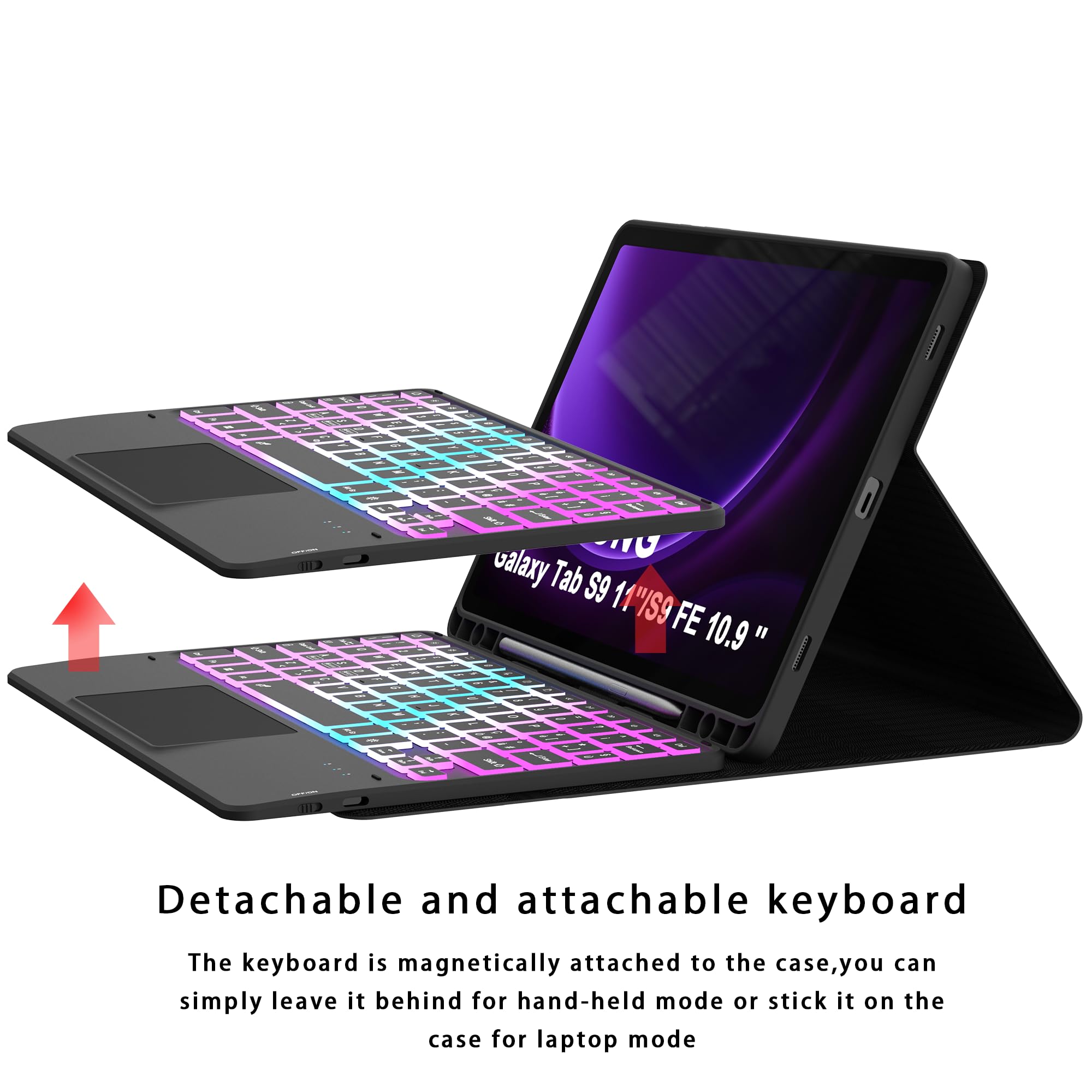 Custodia con tastiera per Samsung Galaxy Tab S10 Lite 2025/S10 FE/S9 FE/S9 10.9": tastiera retroilluminata 7 colori con trackpad Intelligente - tastiere wireless rimovibile con Layout italiano QWERTY