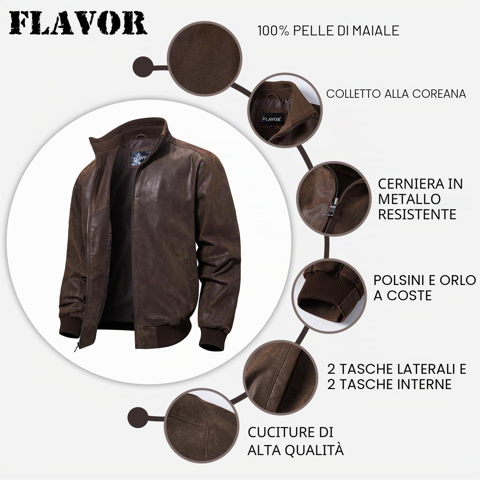 FLAVOR Giubbotto Bomber Casual In Pelle Vera Per Uomo