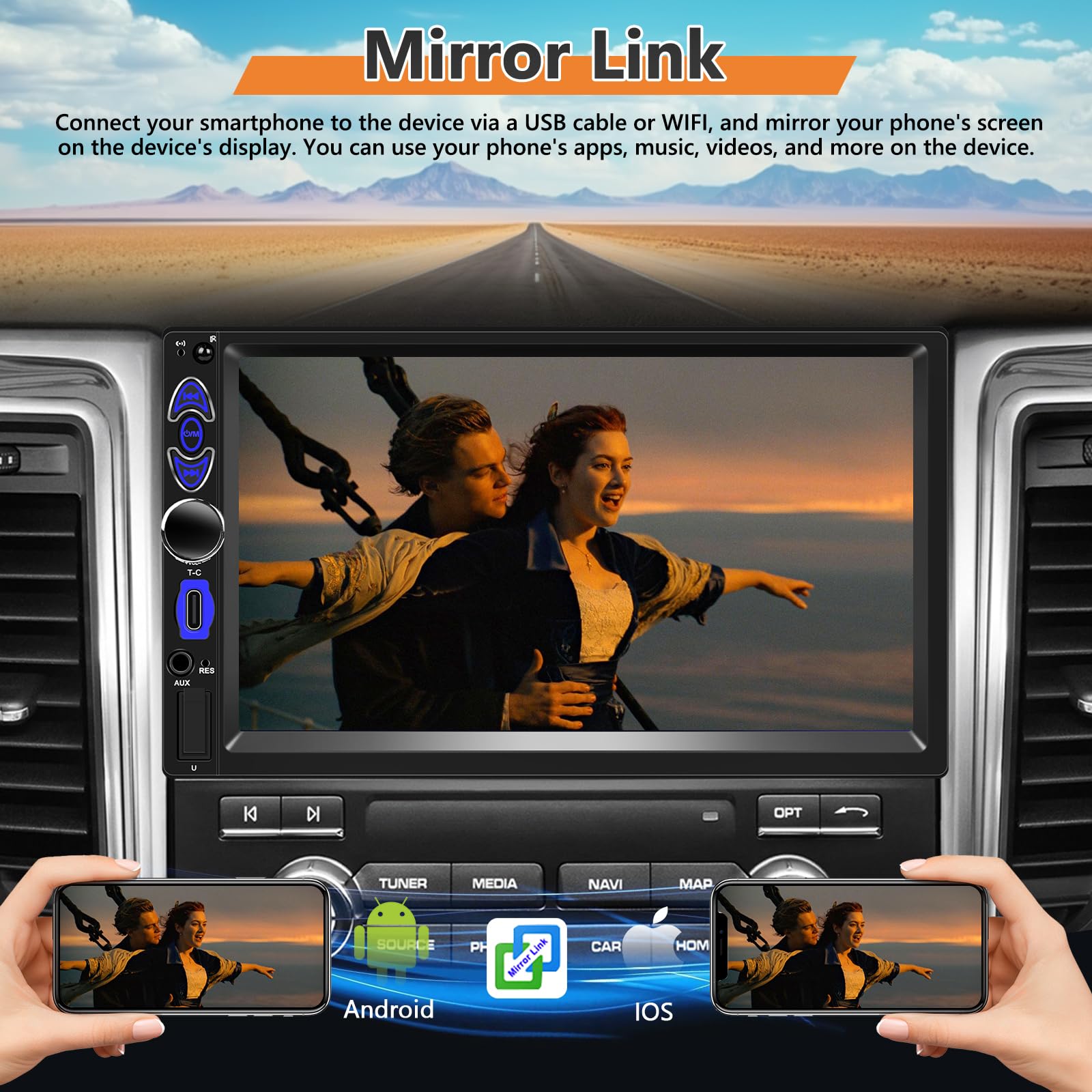 Double Din avec CarPlay/Android Auto sans Fil, 4+64 Go, 2 din, écran Tactile Android 7 Pouces, Navigation GPS, Bluetooth, FM/AM/RDS, WiFi, écran partagé + caméra de recul