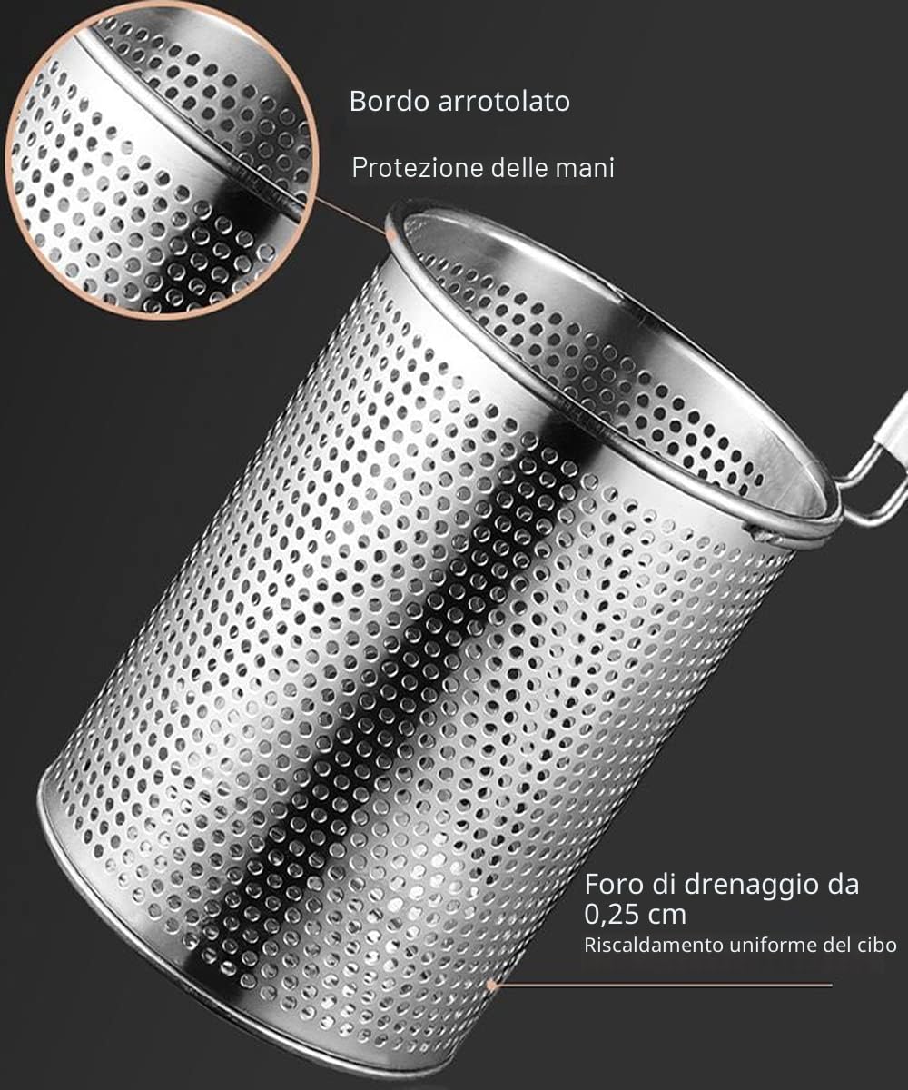 TENTA KITCHEN 2 pezzi di filtro per pasta in acciaio inox micro-perforato con manico,colino per gnocchi per noodles,cestino per pasta (diametro 11,9 cm,12 cm)