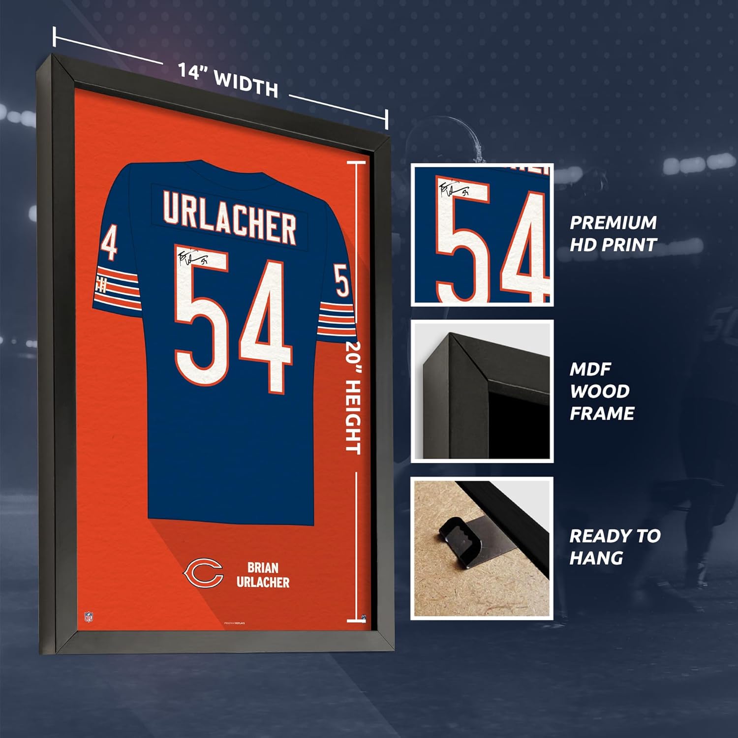 Sporticulture NFL American Football Chicago Bears - Brian Urlacher Jersey Print Framed Wall Art Picture Poster for Boys Bedroom and Man Cave Decor - Ready to Hang, Blue 14" x 20", Small