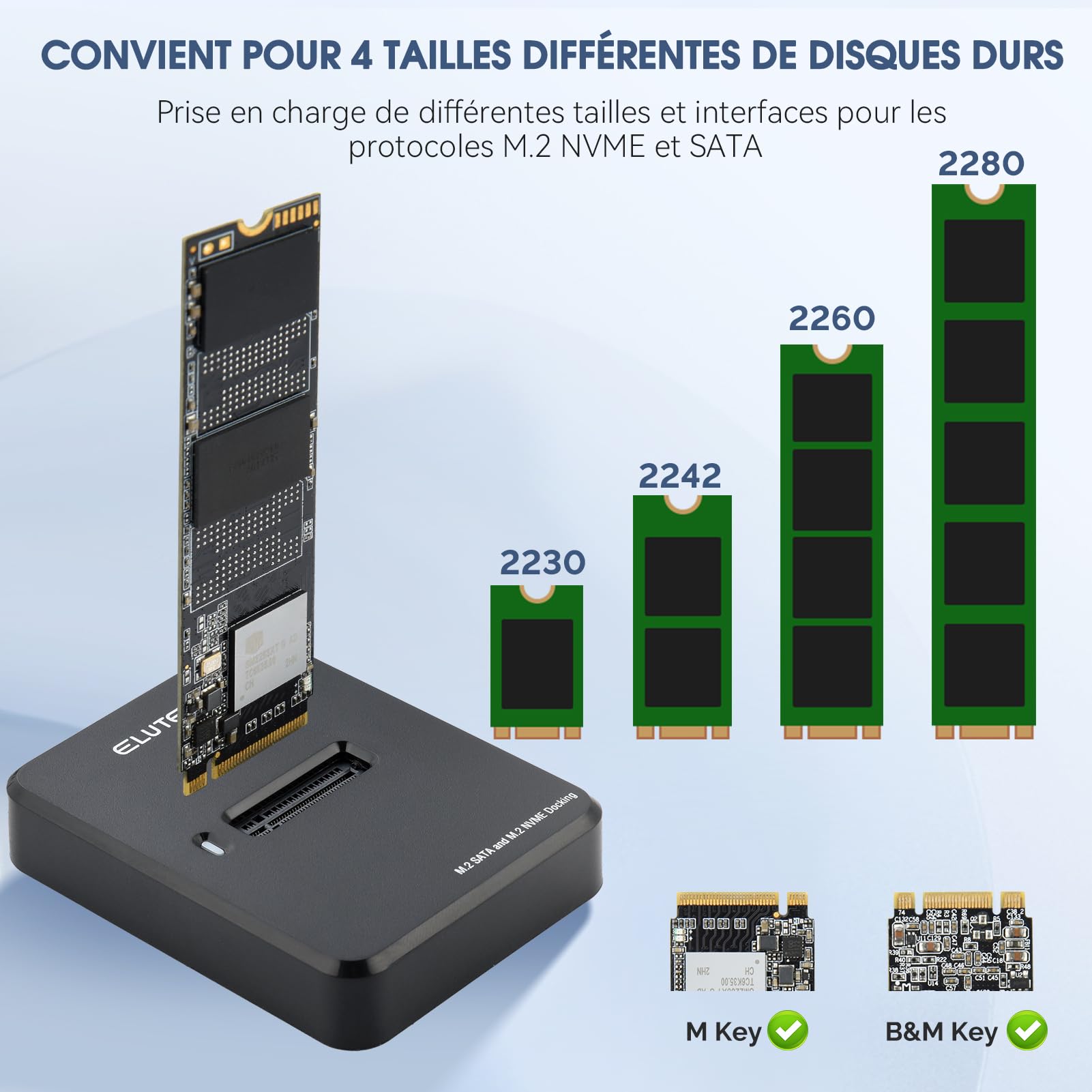 ELUTENG Station D’Accueil M.2 NVME & SATA, Boîtier Externe SSD NVMe USB 3.1 10 Gbps vers USB pour clé M-Key B&M-Key, Adaptateur Double Protocole pour SSD 2230/2242/2260/228