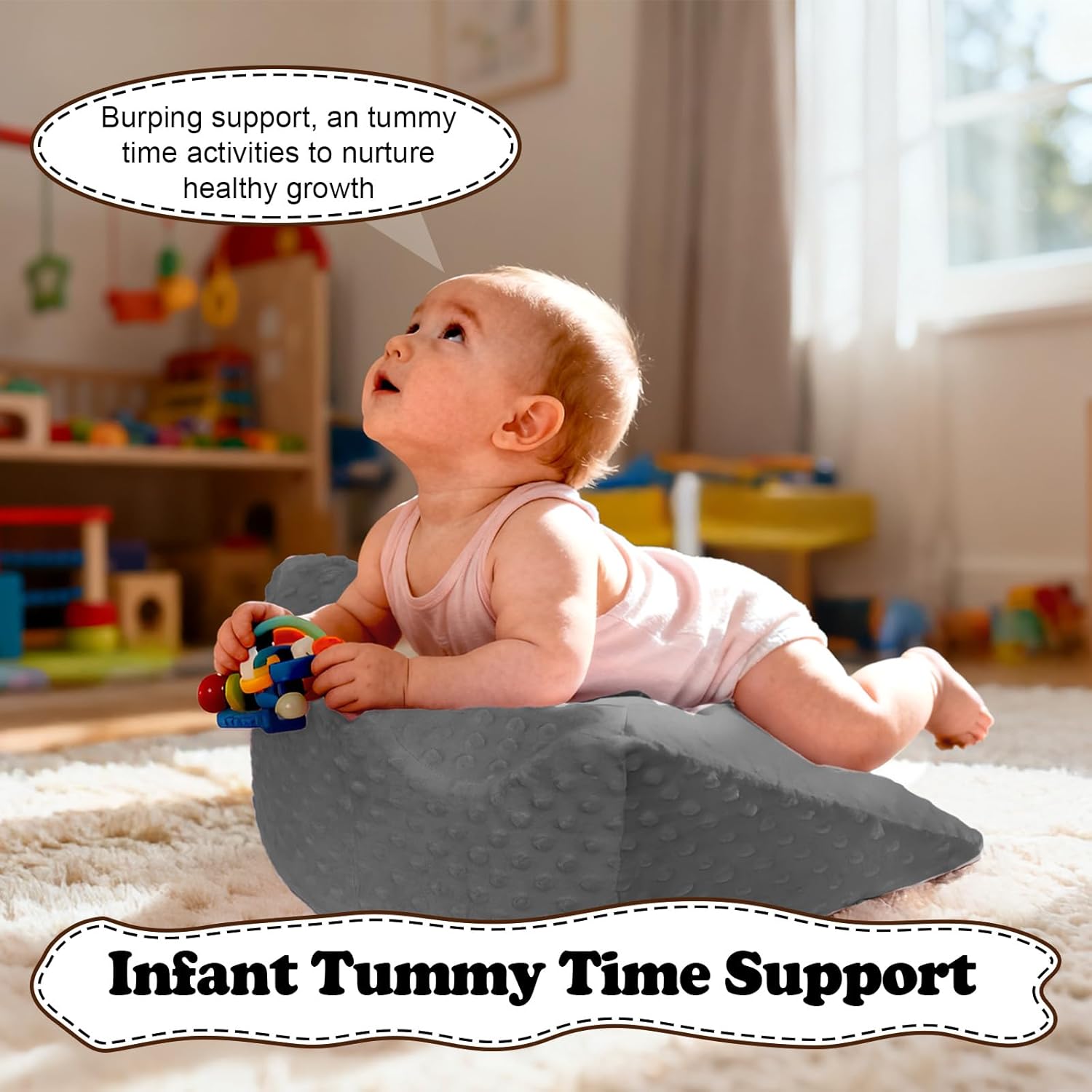 Tummy Time Prop for Infants | Baby Gas and Colic Relief with Memory Foam Support | for Neck, Shoulder & Body Development | Machine Washable Cover - Grey