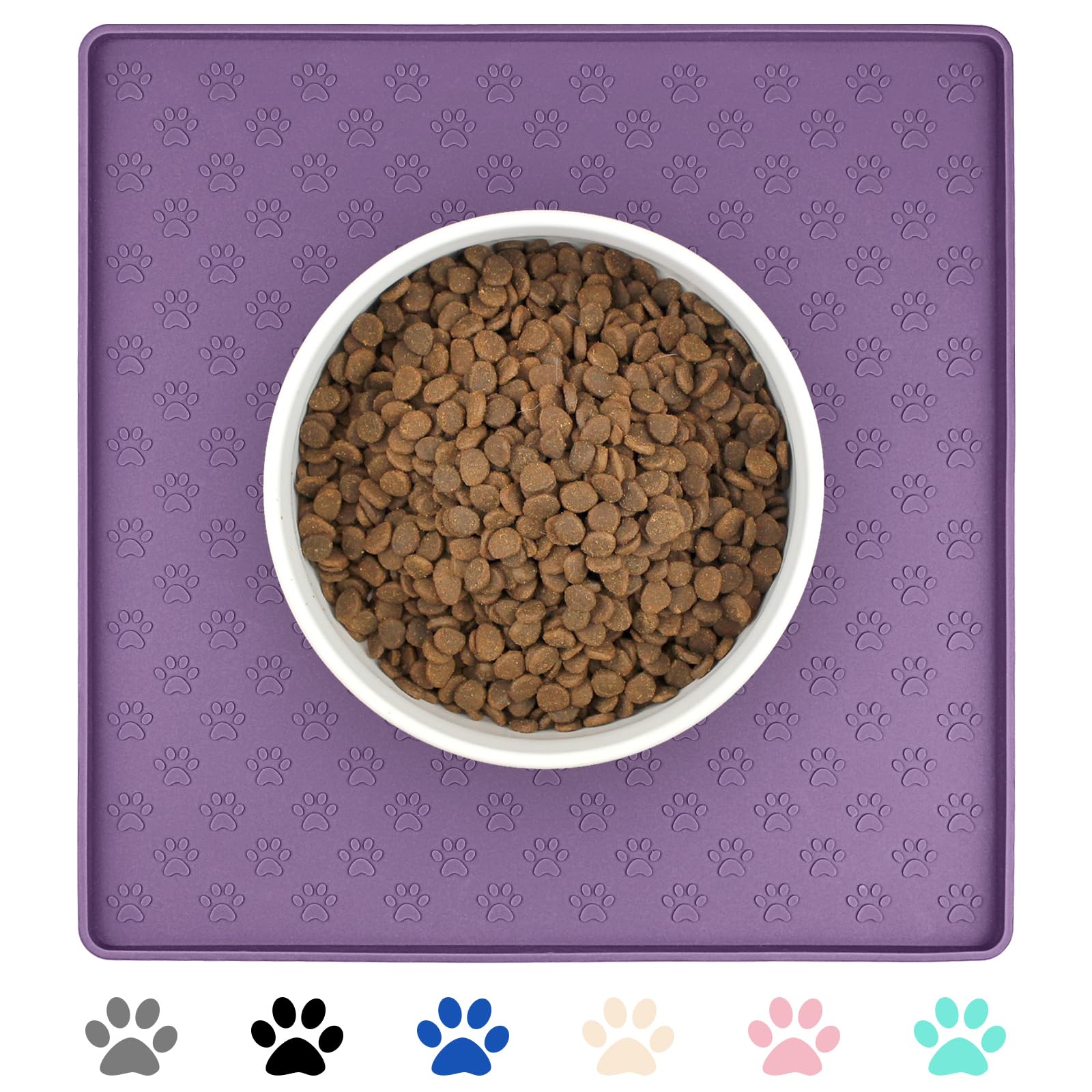 Ptlom Dog Food Mat Anti-Slip Bowl Mats for Food and Water, Waterproof Silicone Pet Placemat with High Raised Edges, Non-Slip Puppy Feeding Tray for Small, Medium Large Cats Dogs, Purple, 11.8"x11.8"