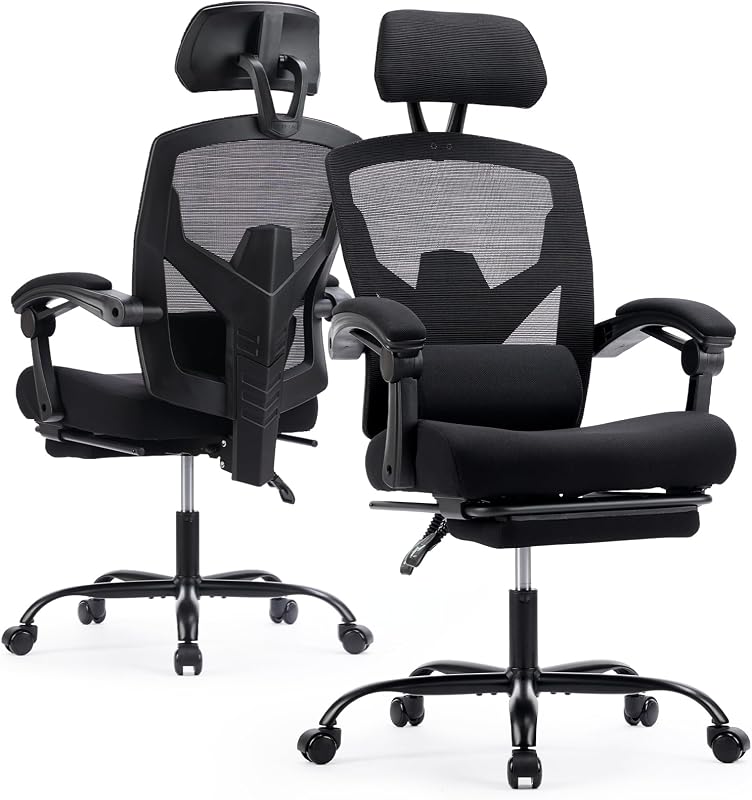 Ergonomic Office Chair with Footrest, Computer Gaming Chair | Adjustable Headrest, Lumbar Support, Swivel Reclining, Padded Armrest, Mesh High Back, Home Desk Work Study, Black