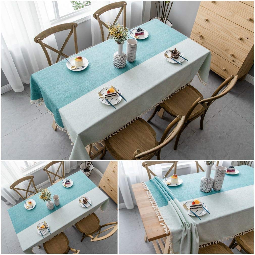 Funda de Mesa Rectangular de Lino y algodón con borlas para Cocina, Comedor, Mesa, decoración de Escritorio, algodón, Lino, Verde, 140x200cm