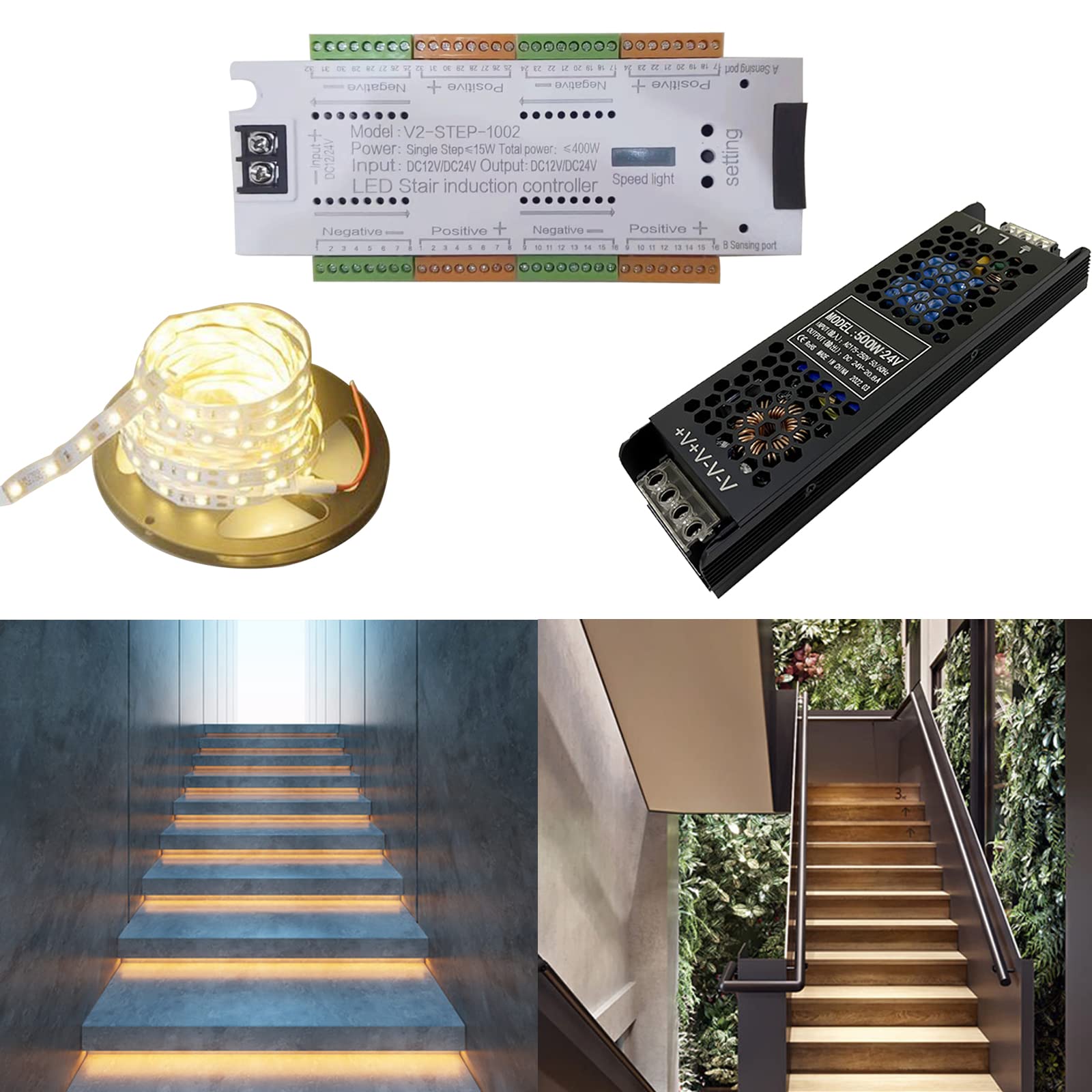 Controlador de luz LED de escaleras 12V con sensor de movimiento automático y fuente 500W