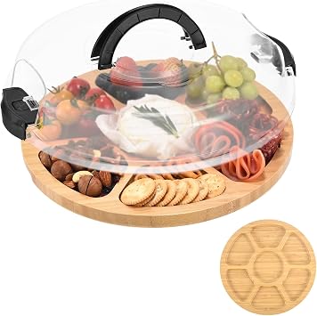 Round Charcuterie Board with Lid and Handle - Portable Cheese Board for Travel,Bamboo Cutting Board for Kitchen,Gifts for House Warming, Bridal Shower 7 Compartment, Black
