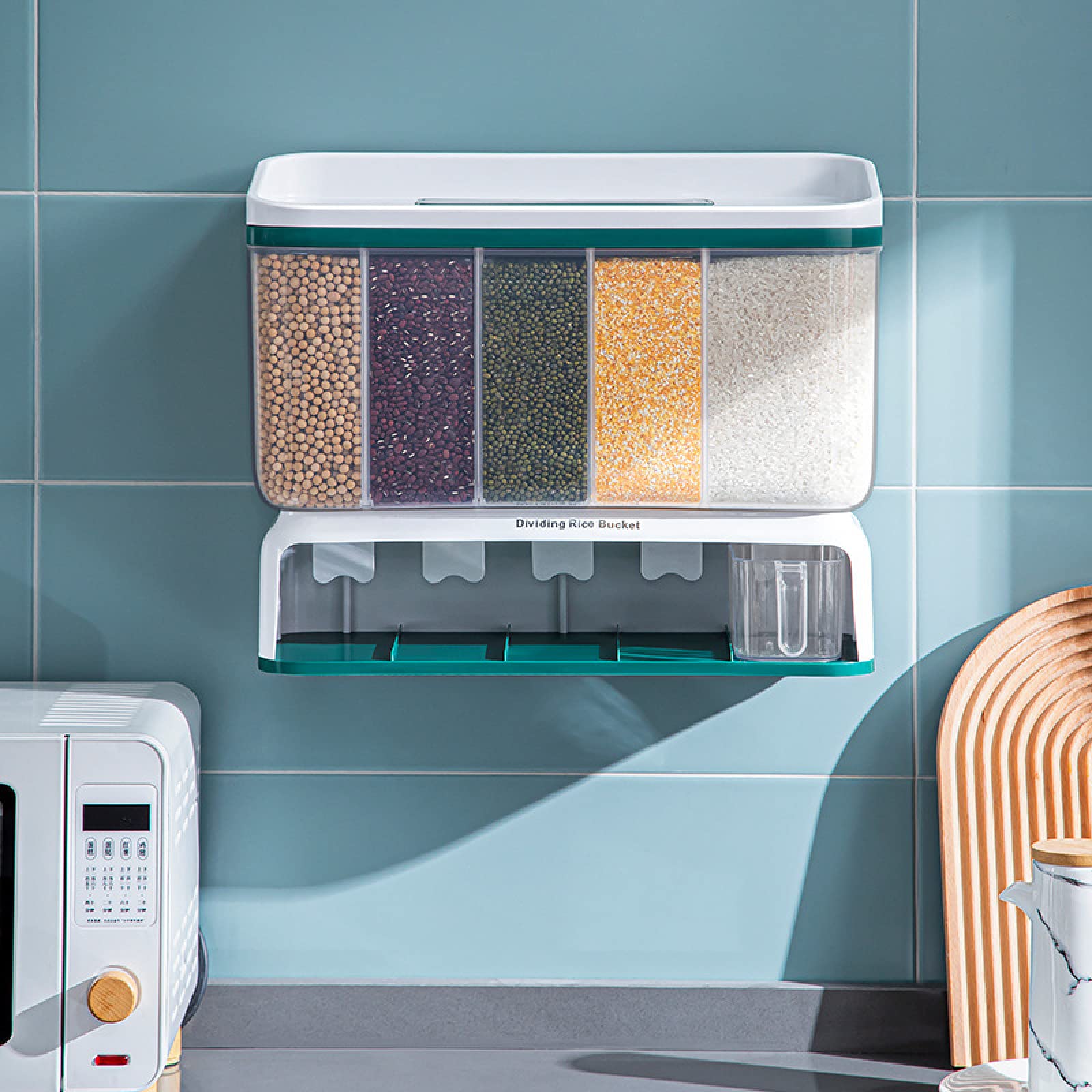 NIBHZ Dispenser per Riso con Tazza, Dispenser per Alimenti secchi a Parete con 5 Griglie Contenitore per Cereali Contenitore per Cereali, Contenitore per Riso, Dispenser,Orange