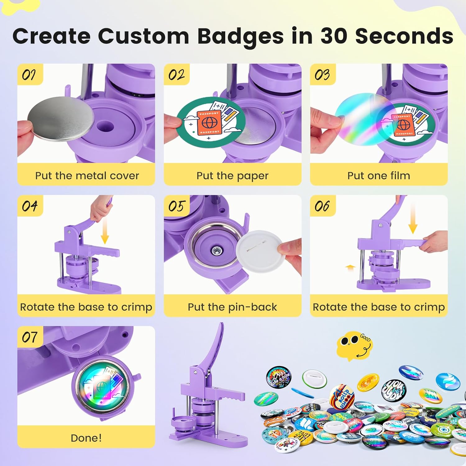 Button Maker Machine 3'' Button Press Machine Pin Badge Maker Machine with 100 Set Holographic Film Pinback Making Supplies, Removable Dies, 1 Circle Cutter, 1 Cutting Mat