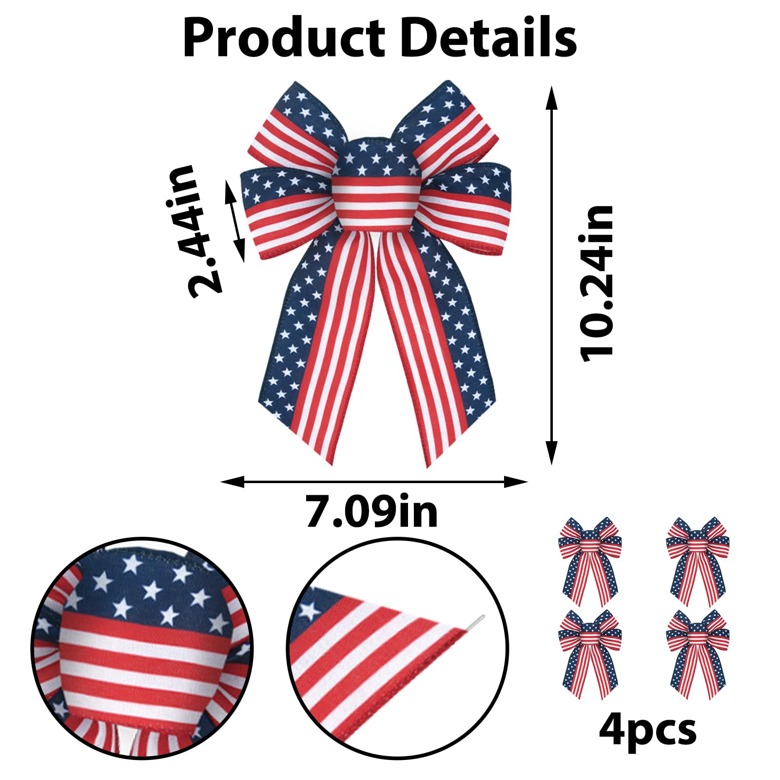 anshome 4pcs Patriotic Bow for Wreath, American Flag Stars Wreath Bow for Front Door Decor Red White Blue Stripe Tree Topper Ornament Decorative Bow for 4th of July Home Outdoor Indoor Party
