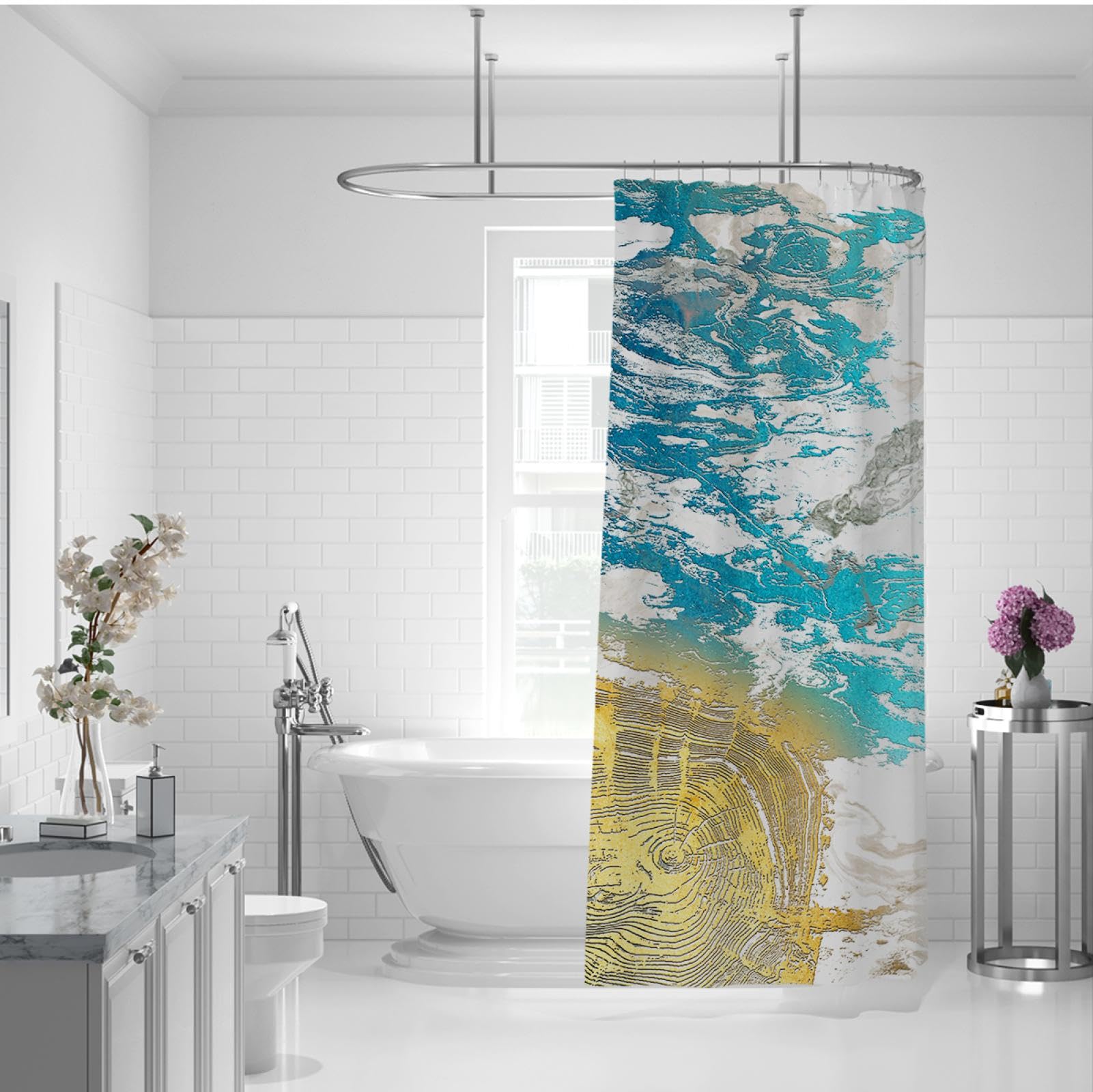 Blau Abstrakte Duschvorhang-Liner Gold Geometrische Linie Moderne Badezimmer-Dekor-Sets mit Haken wasserdichte Polyester-Stoff-Duschvorhänge 180Bx275Lcm
